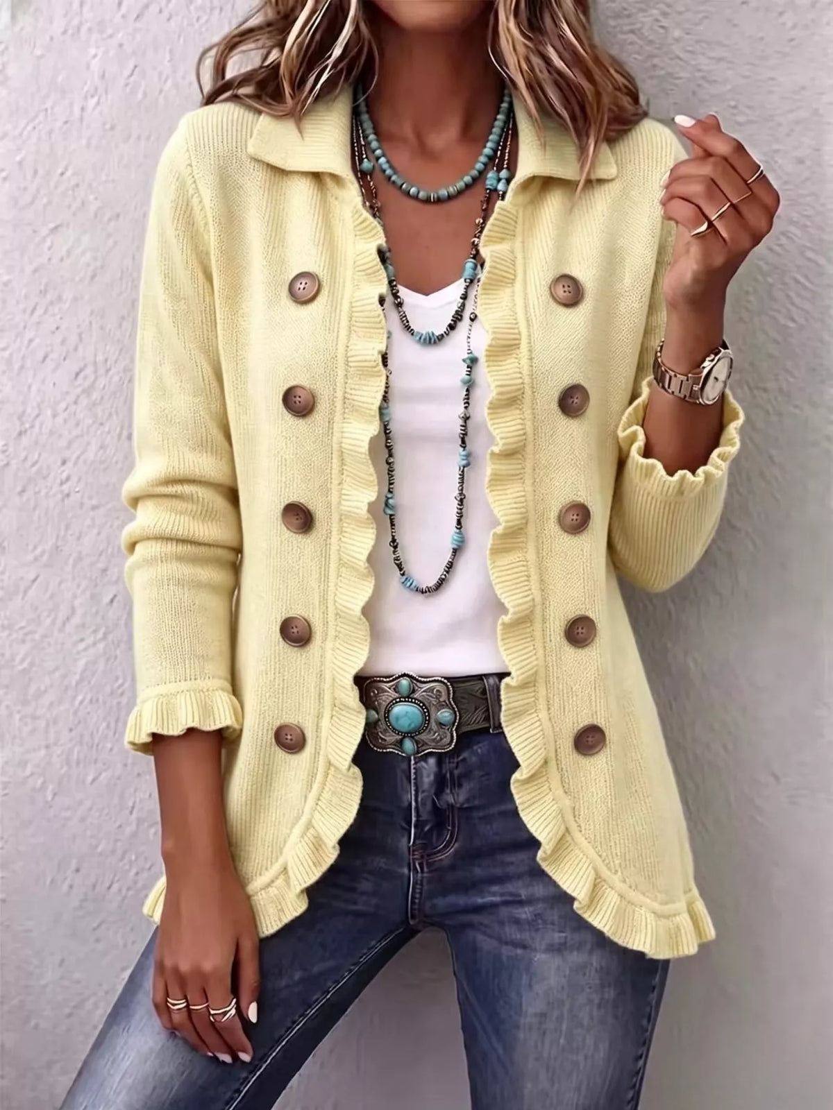 Full Size Ruffled Trim Decorative Button Cardigan Plus Size - Lilixa.store