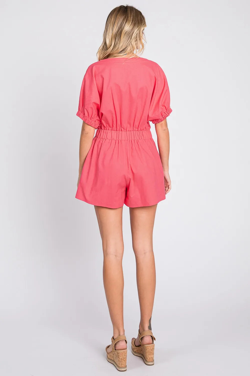 GeeGee Half Button V-Neck Linen Romper - Lilixa.store