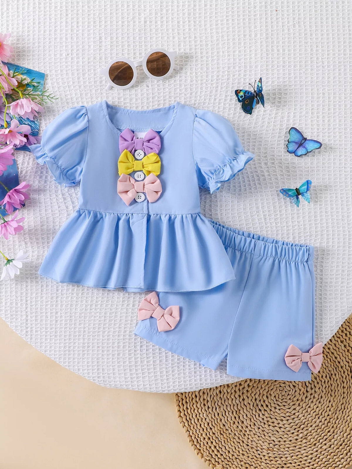 Children's Bow Puff Sleeve Top and Shorts Set - Lilixa.store