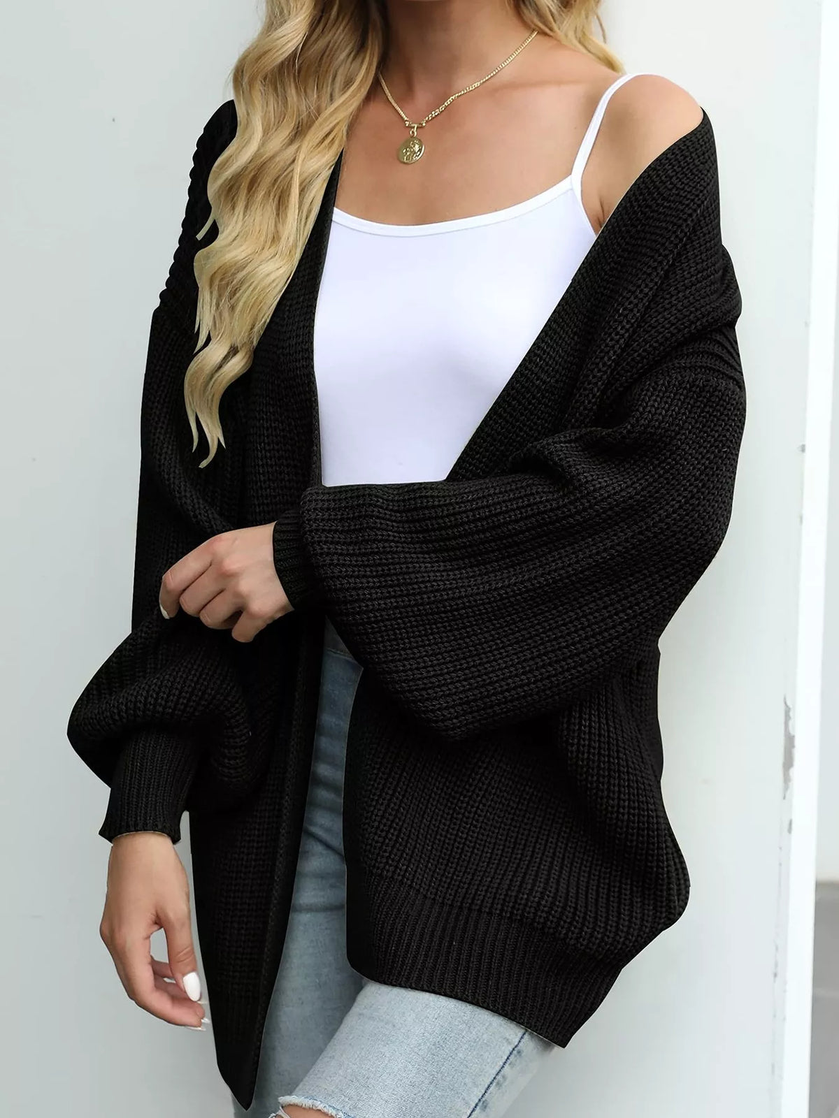 Chunky Knit Open Front Cardigan with Lantern Sleeves - Lilixa.store
