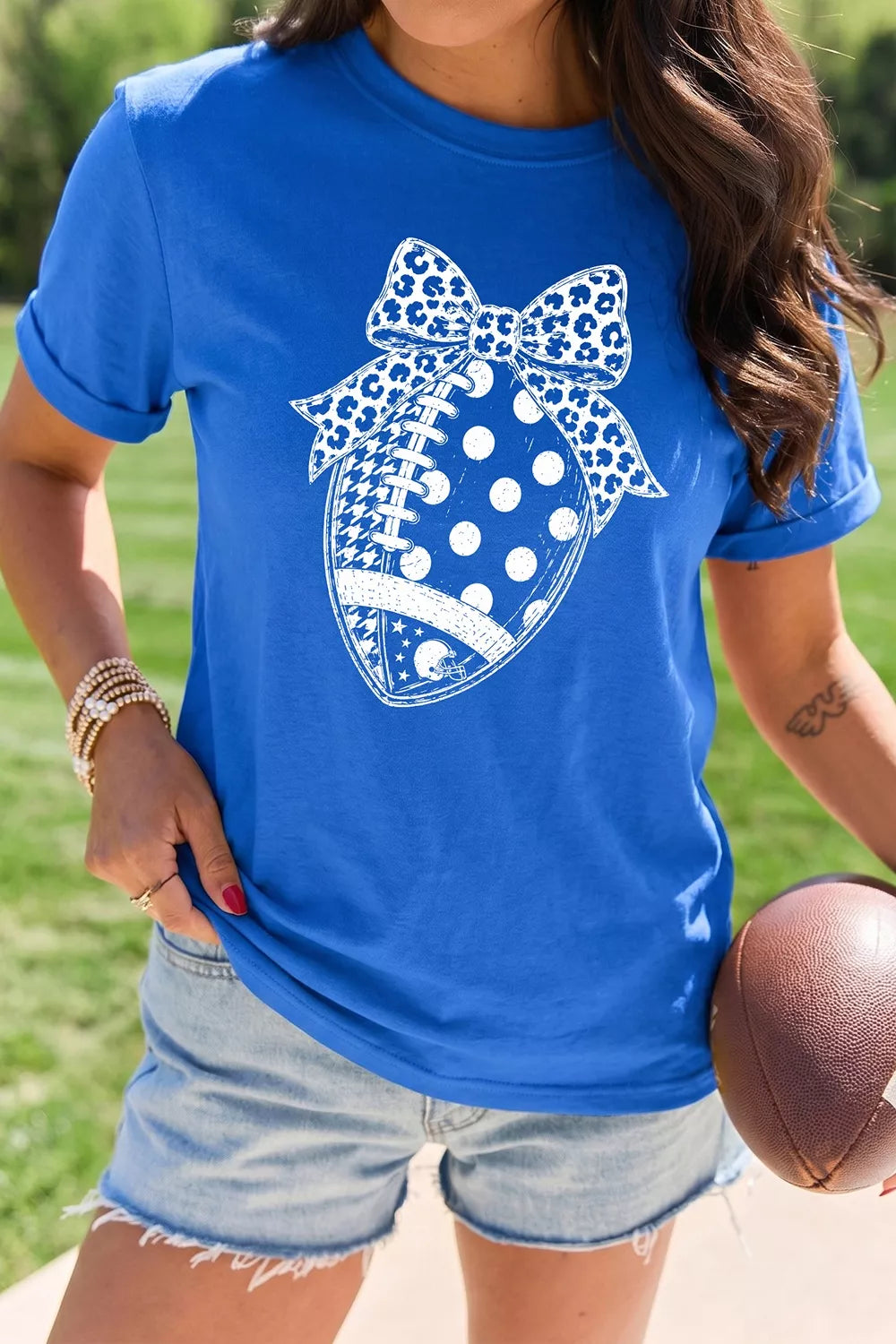 Leopard Bow Polka Dot Football Graphic Game Day T Shirt - Lilixa.store