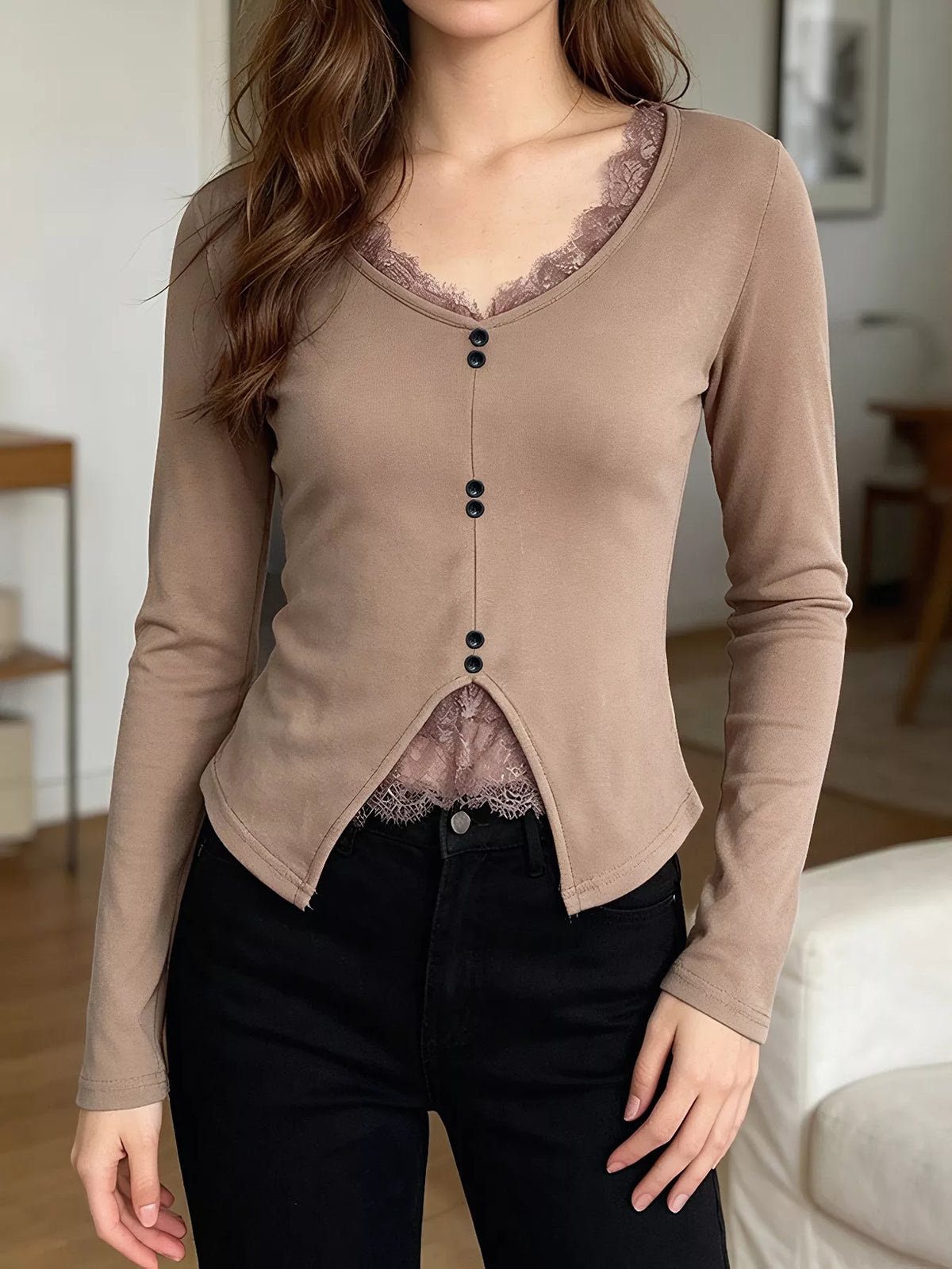 Lace Detail Long Sleeve T-Shirt - Lilixa.store