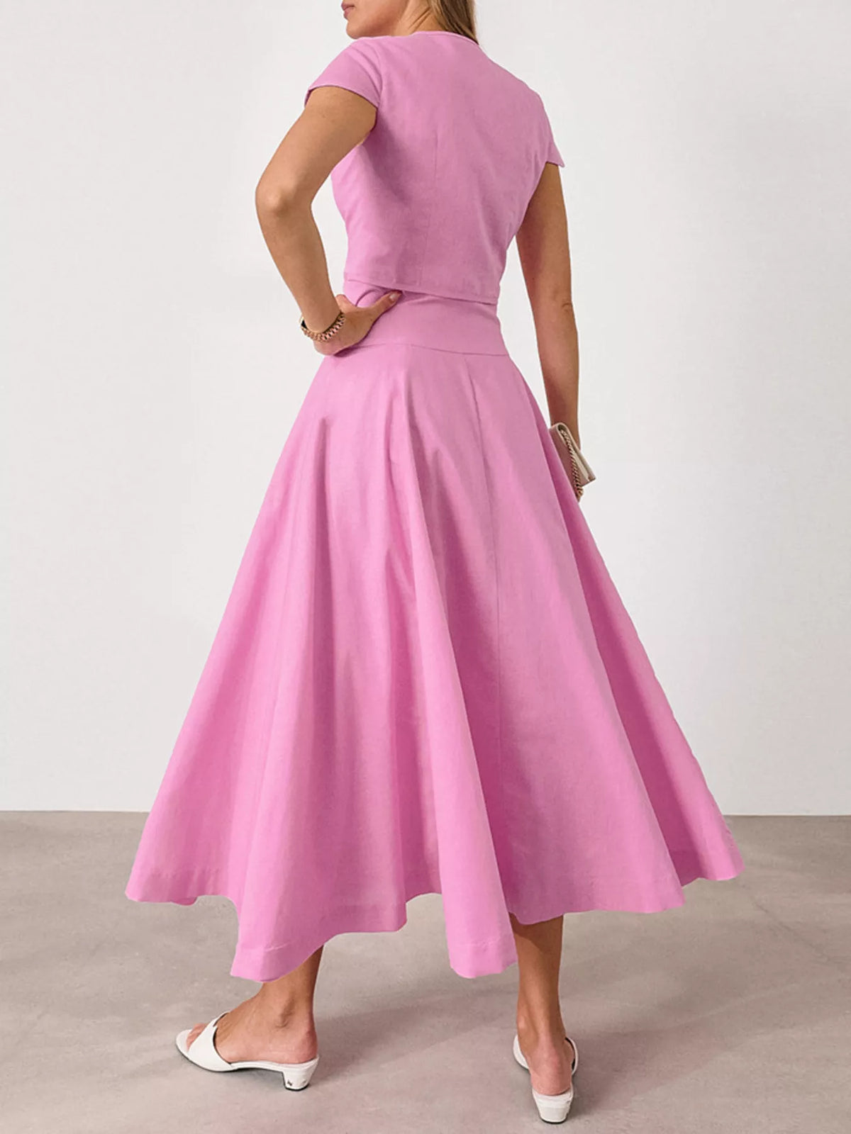 Cap Sleeve Button-Down Crop Top and Midi Skirt Set, view 5