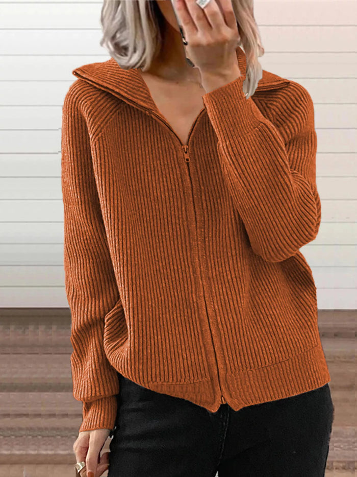 Full Size Ribbed Knit Zip-Up Outerwear Plus Size in Orange
