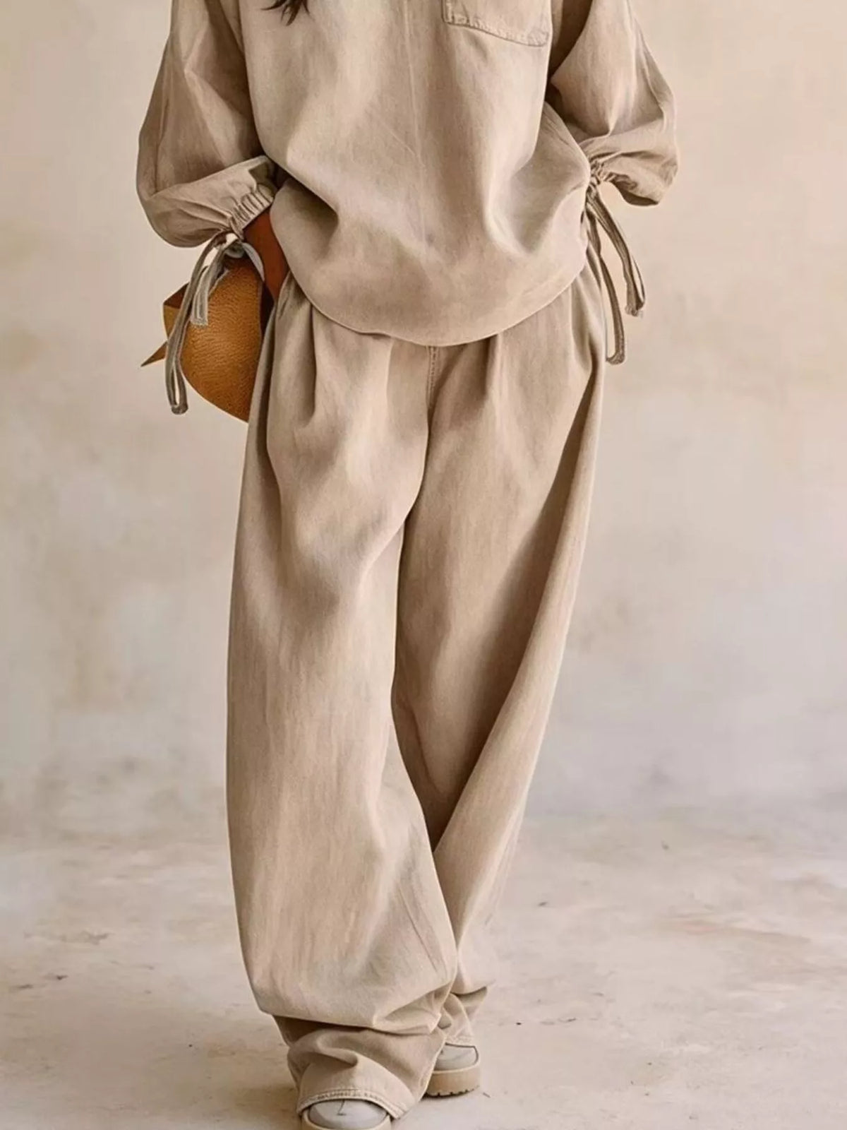 Relaxed Fit Drawstring Sleeve Detail Top and Pants Denim Set, view 6