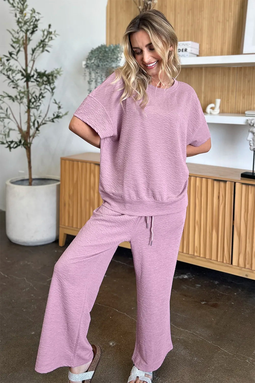 Double Take Full Size Texture Short Sleeve Top and Pants Set, view 8