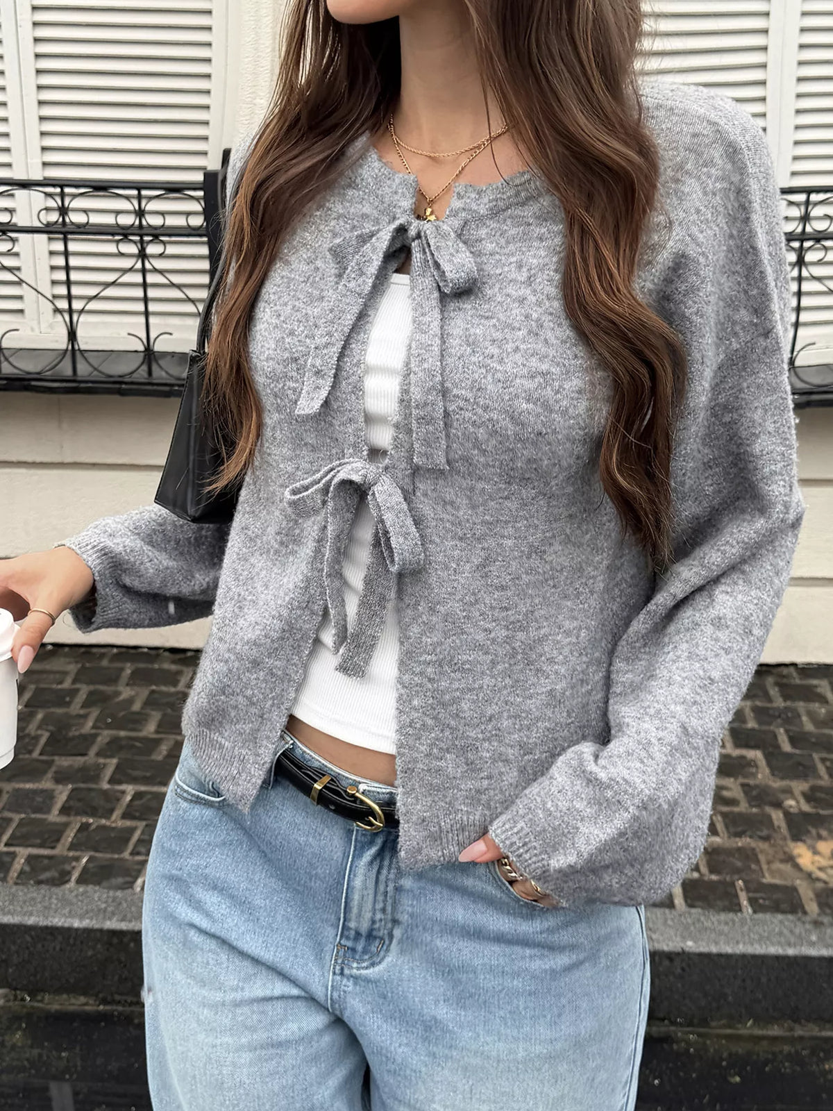 Tie Front Dropped Shoulder Cardigan - Lilixa.store