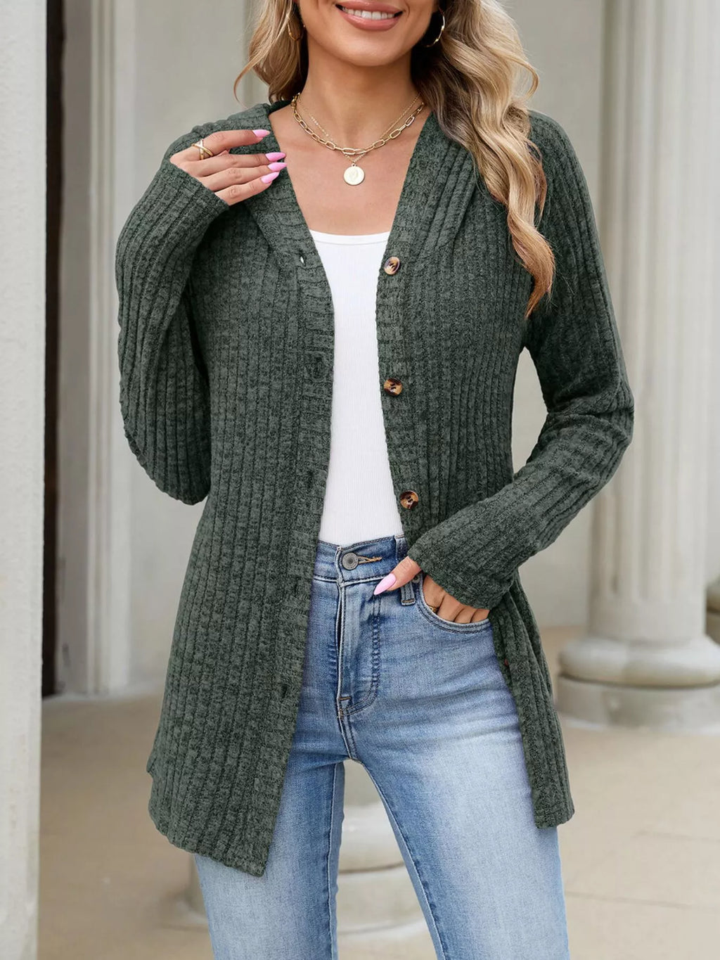 Ribbed Knit Hooded Button-Down Cardigan - Lilixa.store