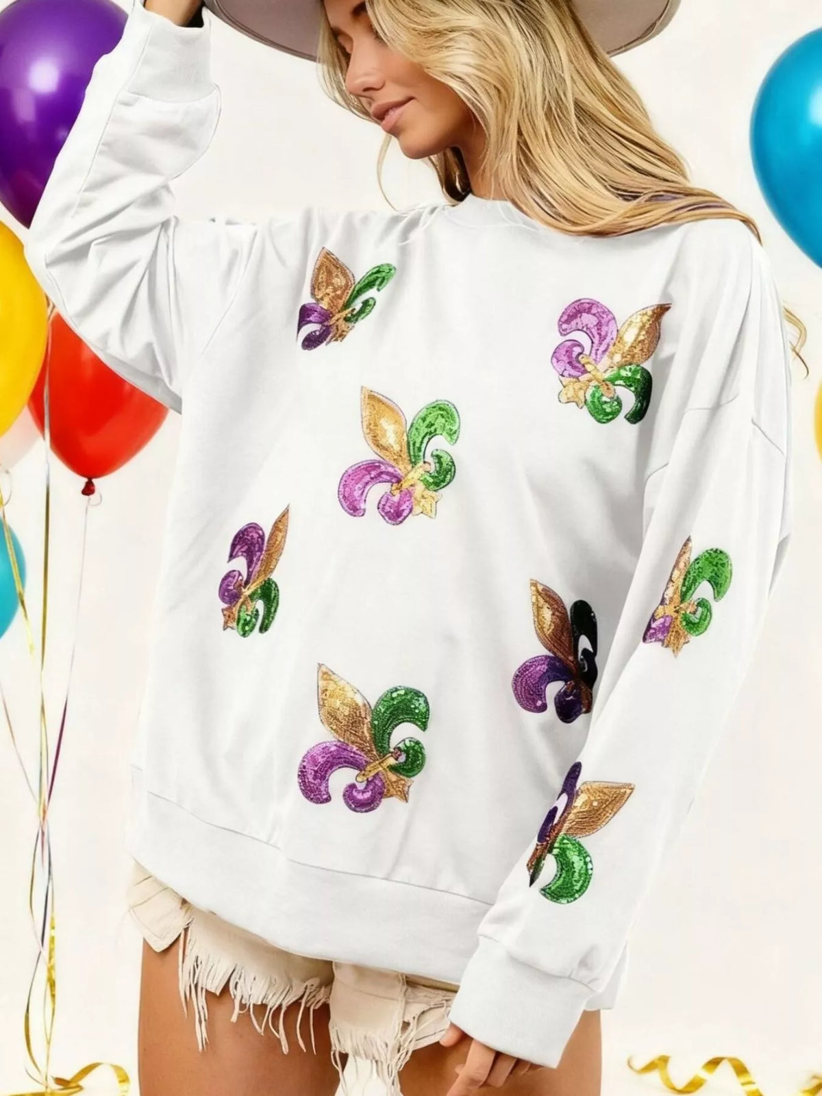 Mardi Gras Sequin Crew Neck Sweatshirt in White