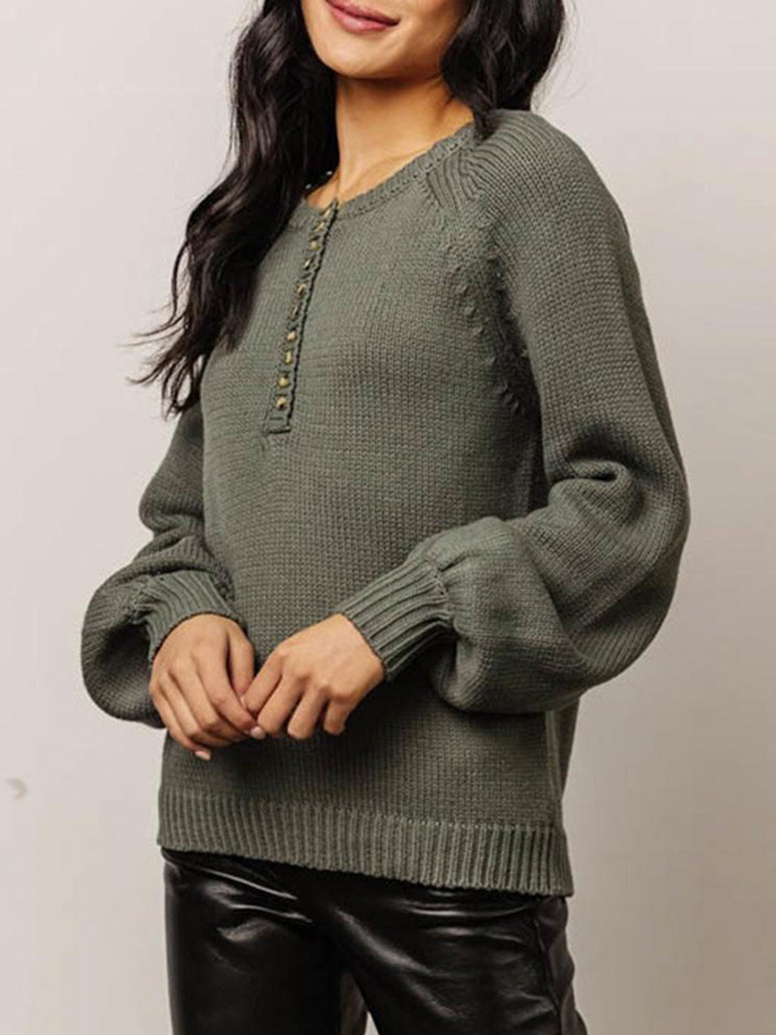 Buttoned Round Neck Long Sleeve Sweater in Army Green, view 2