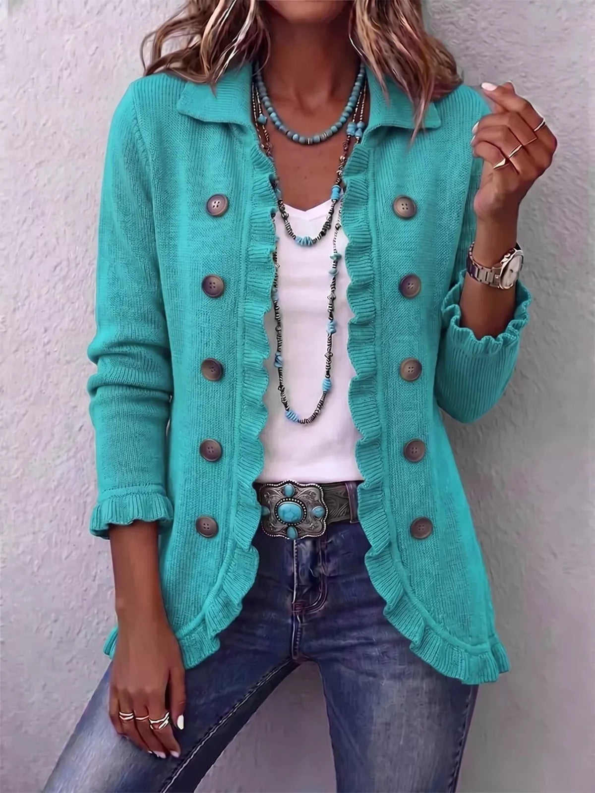 Full Size Ruffled Trim Decorative Button Cardigan Plus Size - Lilixa.store