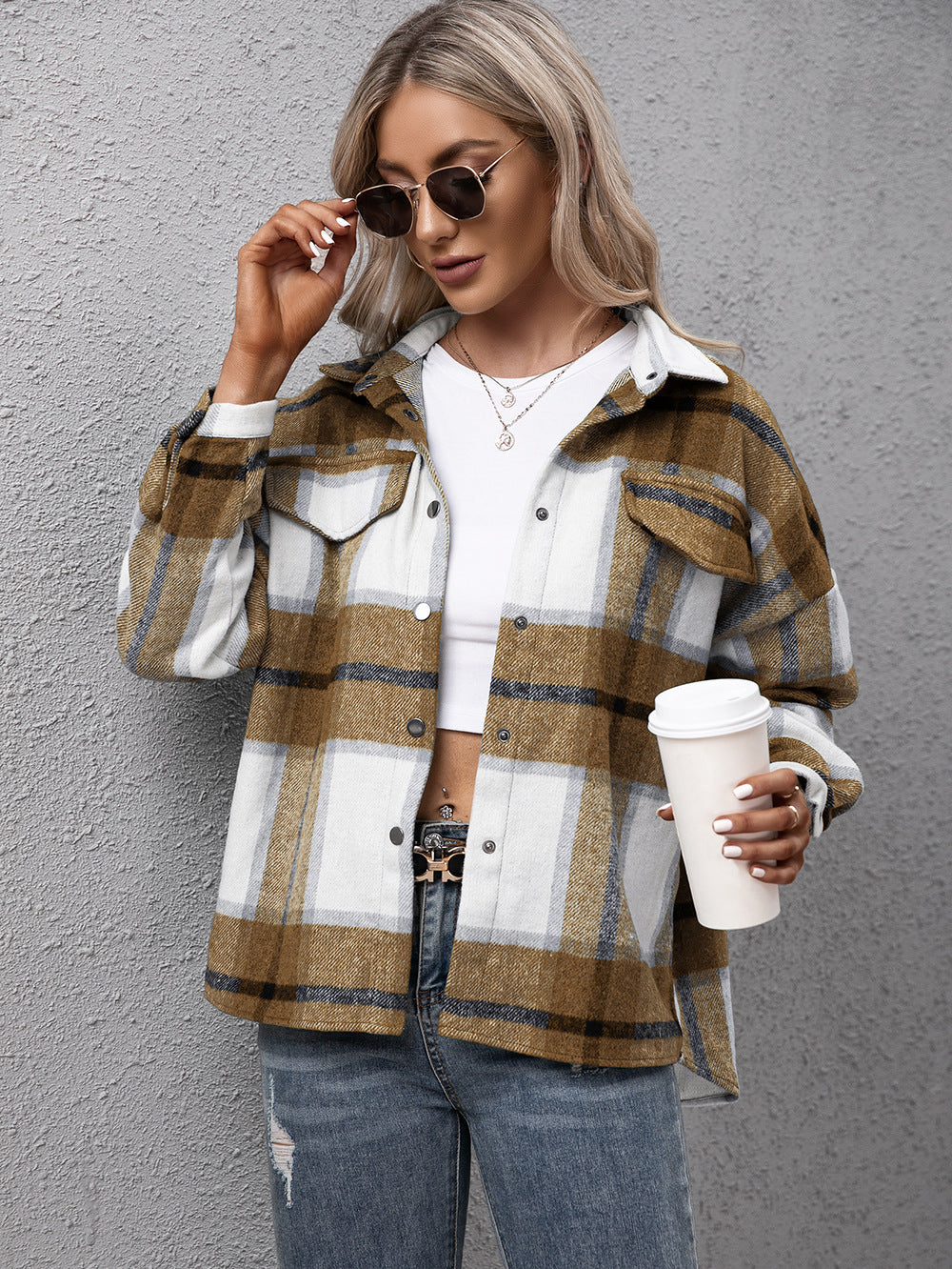 Ivy Lane Plaid Long Sleeve Shirt Jacket in Camel