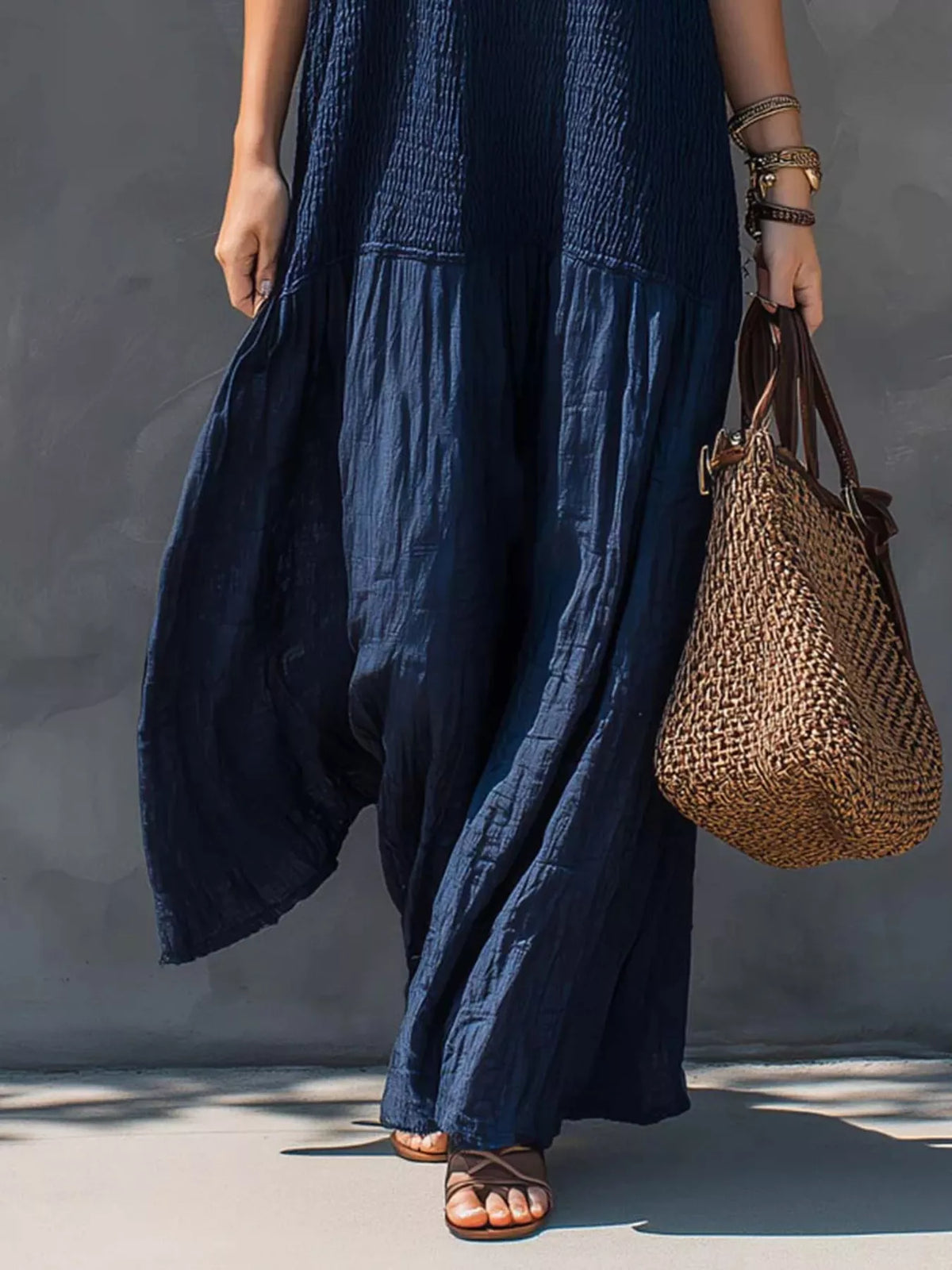 Sleeveless Smocked V-Neck Casual Maxi Dress - Lilixa.store