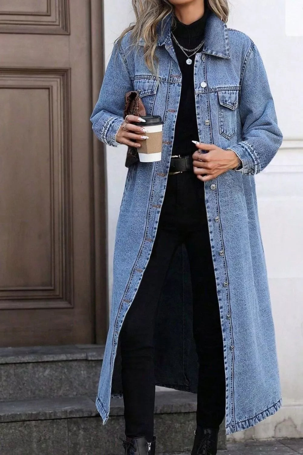 Longline Button-Front Denim Jacket, view 2