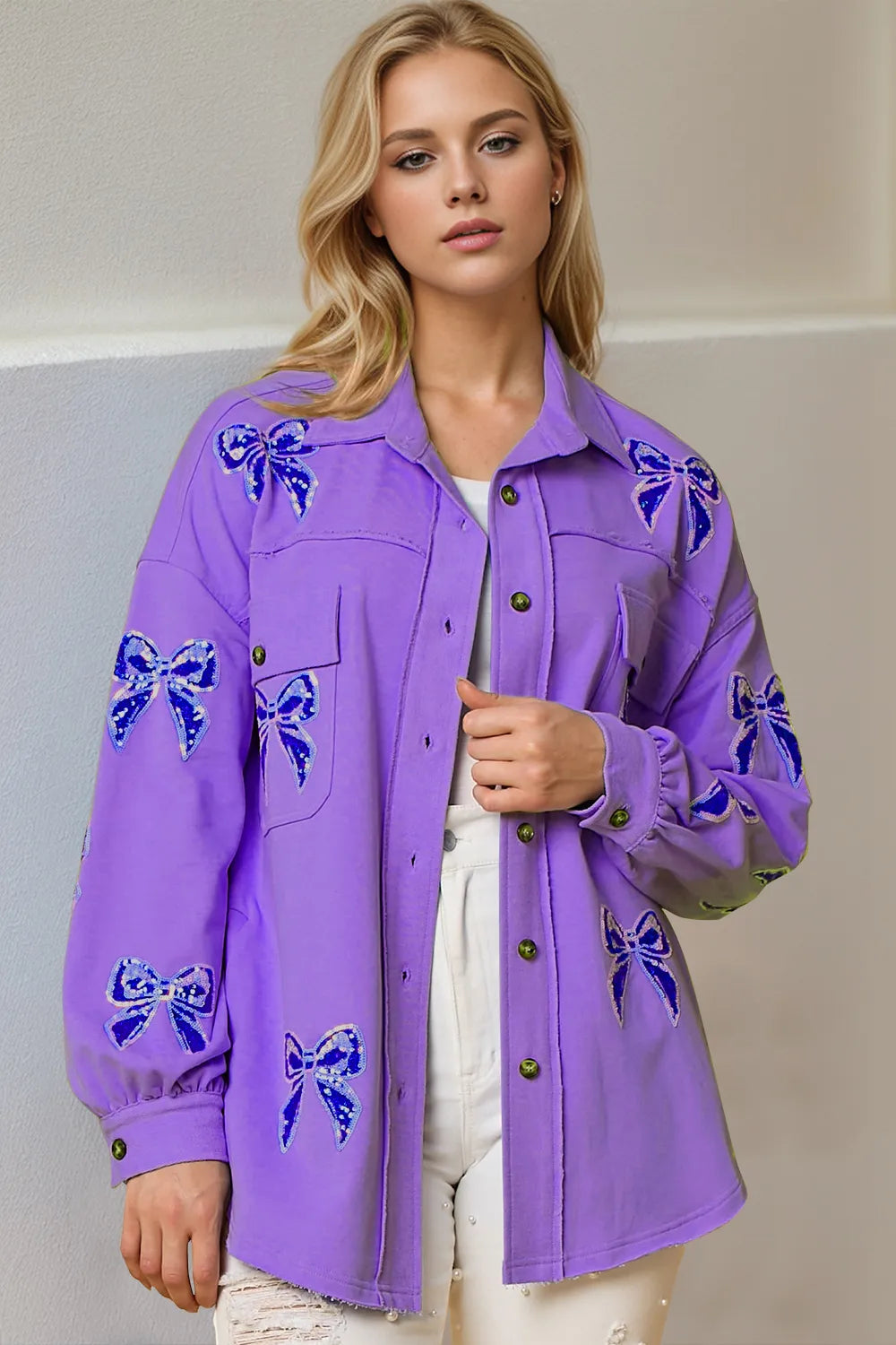 Double Take Full Size Sequin Bow Button Up Shacket - Lilixa.store