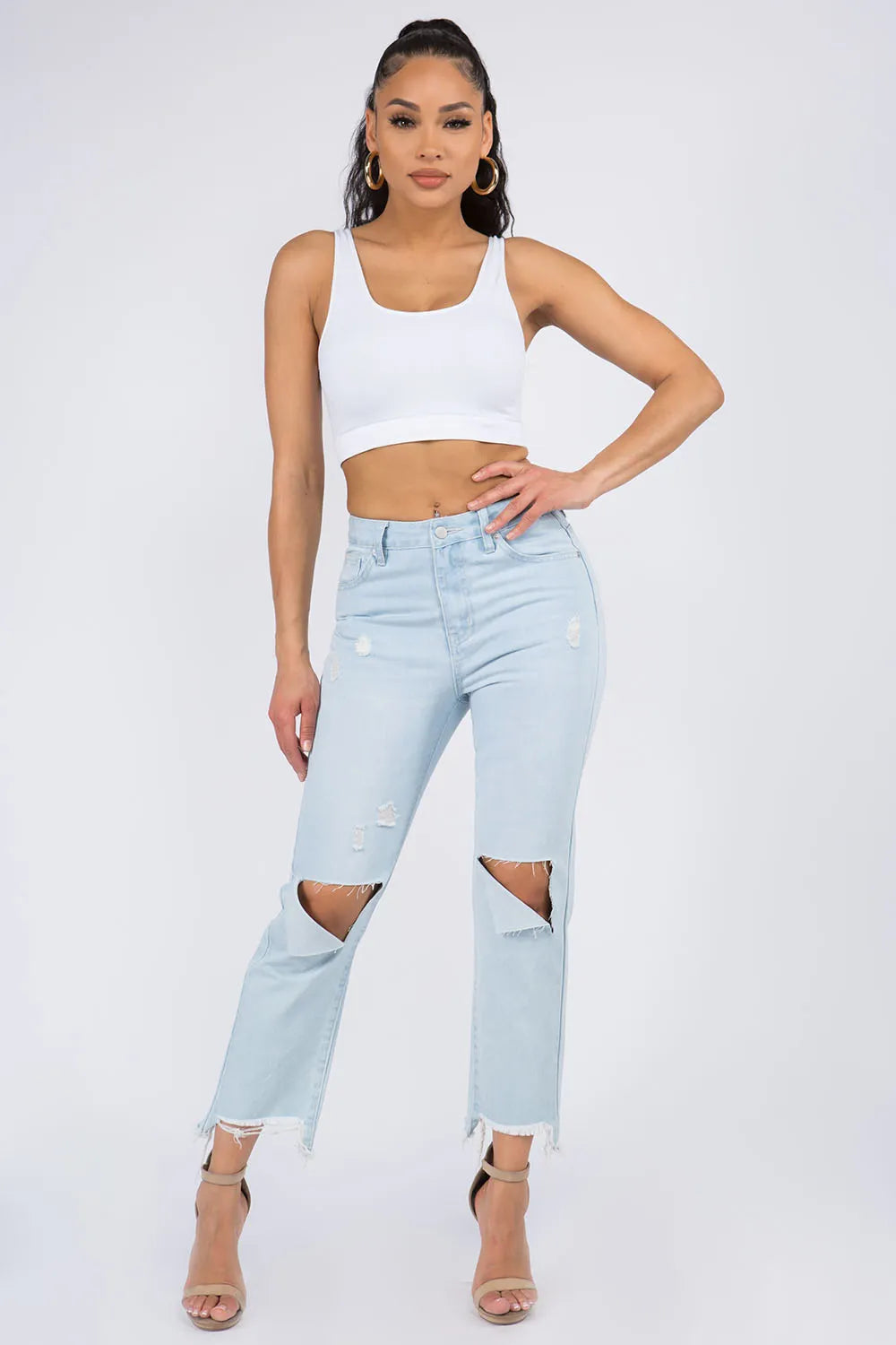 American Bazi High Waist Distressed Raw Hem Jeans - Lilixa.store