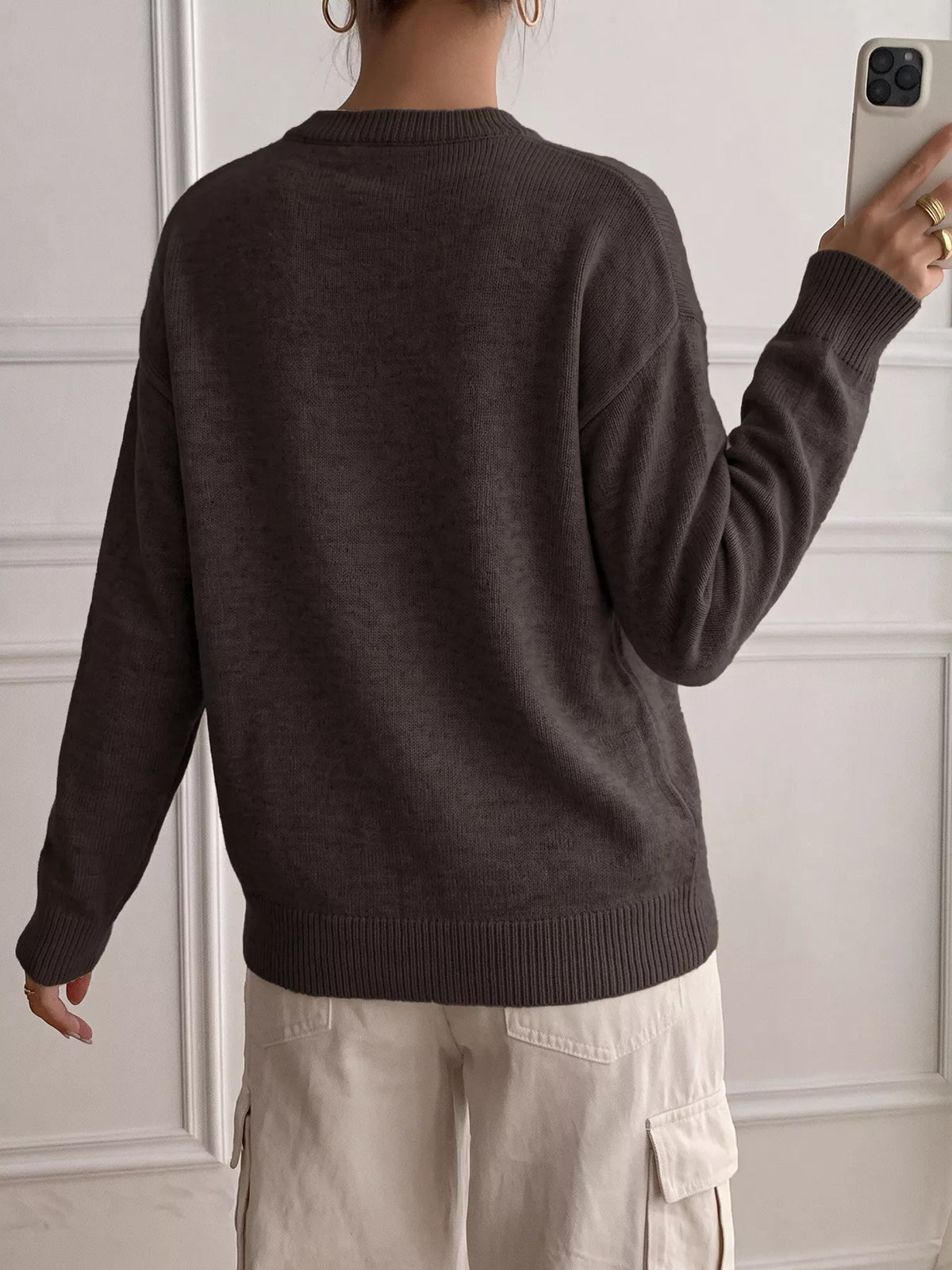 Decor Button-Placket Ribbed Knit Sweater