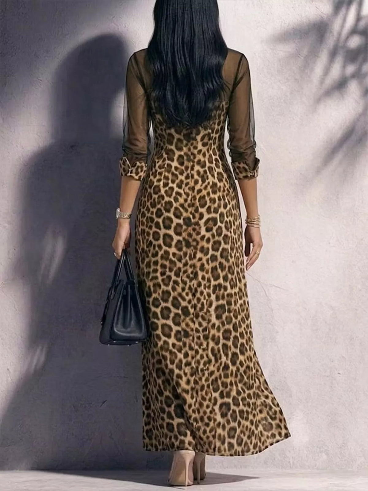 Full Size Leopard Sheer Mesh Long Sleeve Button-Down Maxi Dress Plus Size