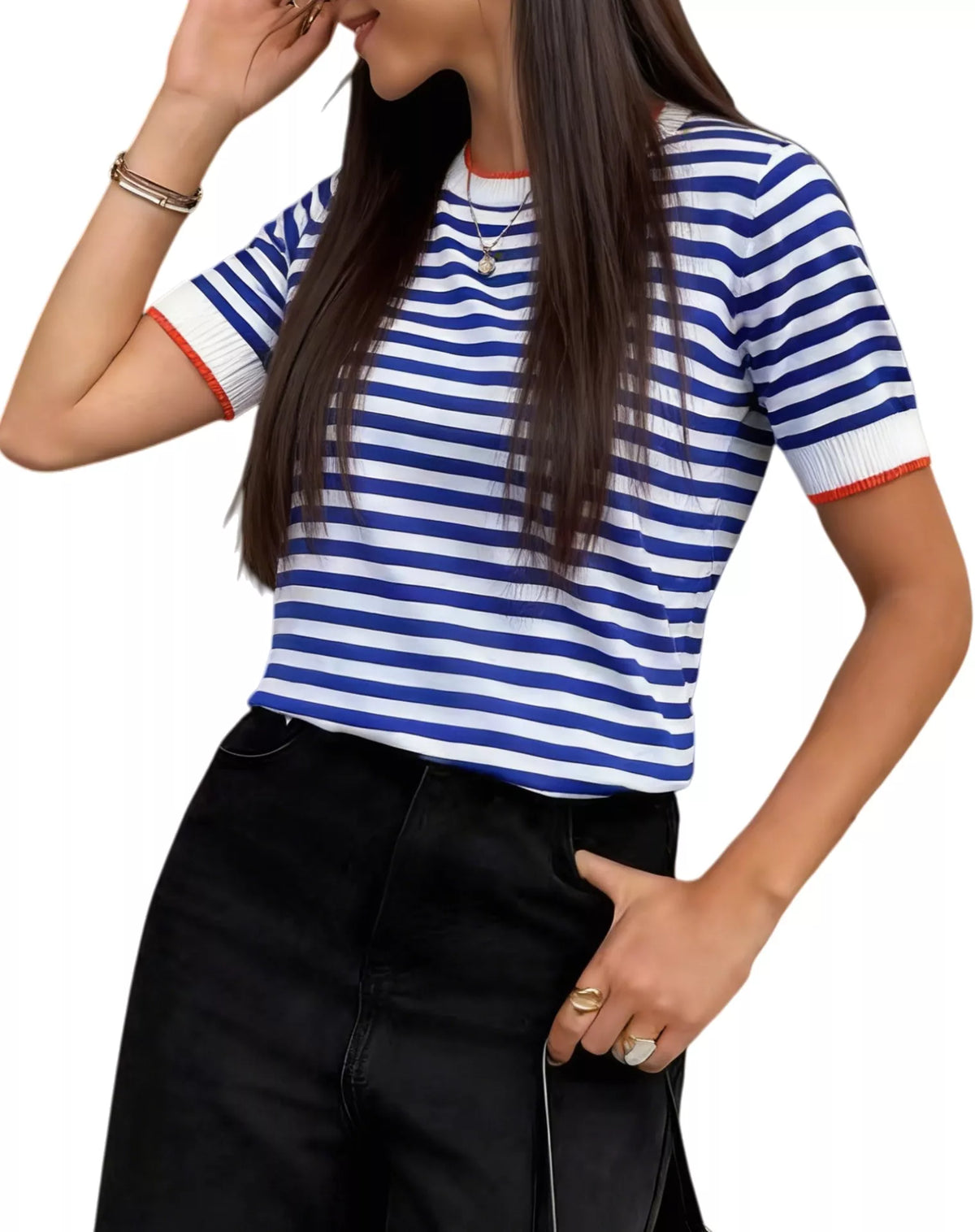 Contrast Trim Striped Short Sleeve Knit Top - Lilixa.store