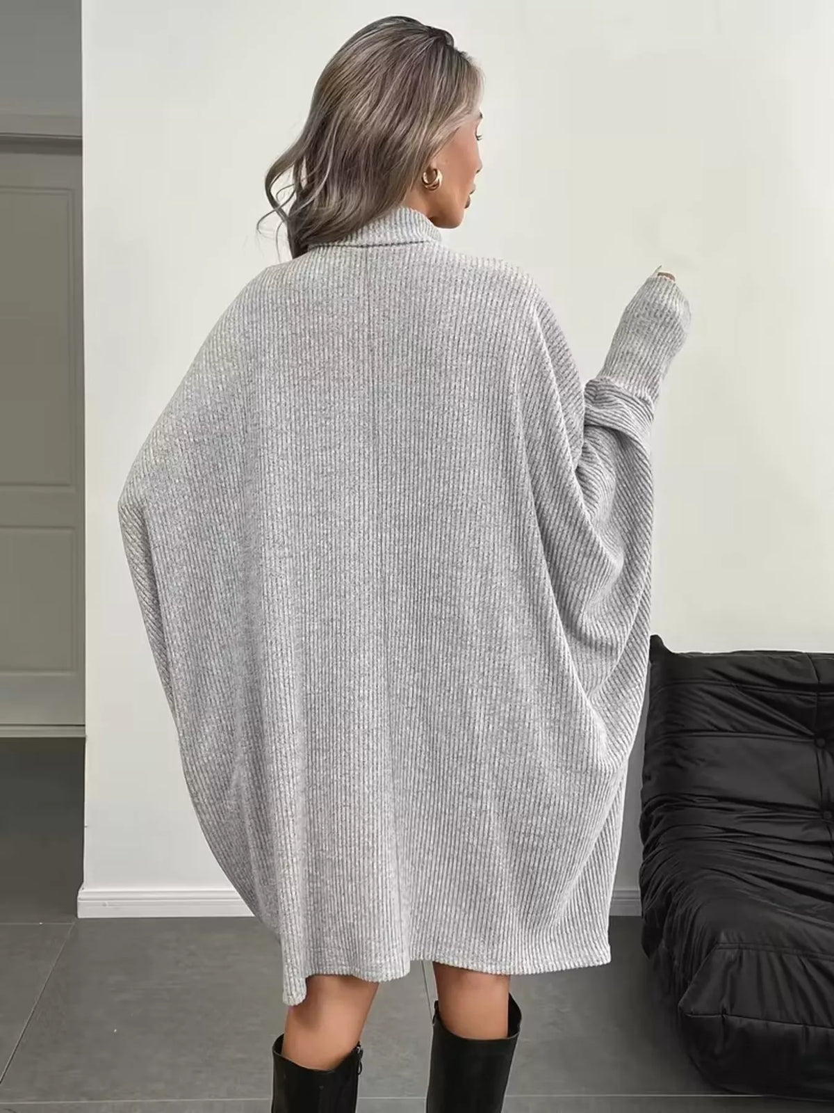 Oversized Batwing Sleeve Ribbed Knit Turtleneck Dress - Lilixa.store