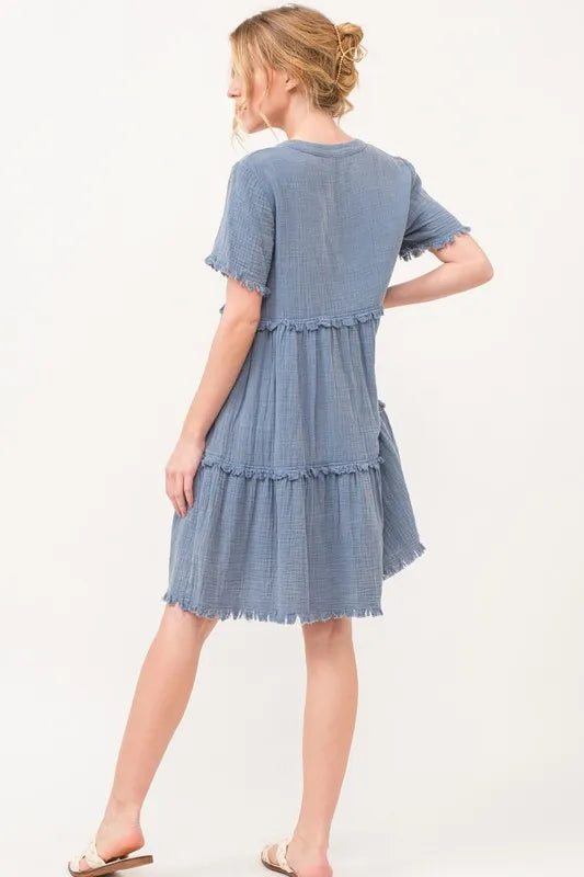 And The Why Washed Frayed Detail Tiered Dress - Lilixa.store