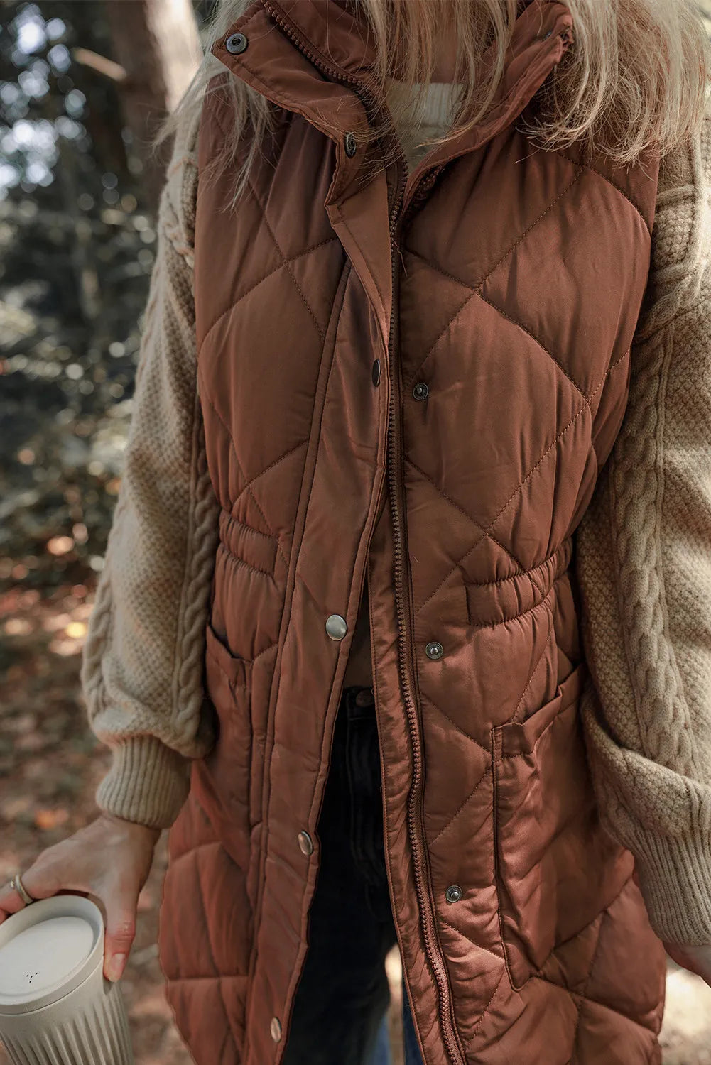Pocketed Zipper and Button Vest Coat, view 5