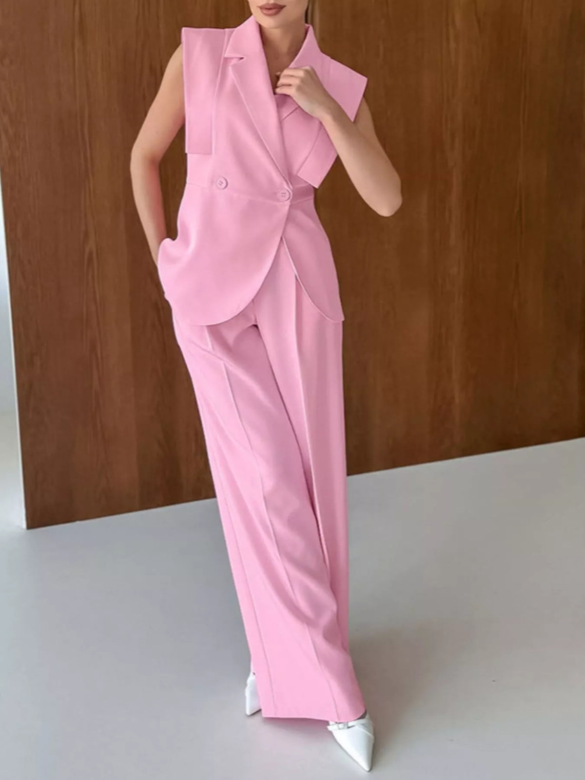 Sleeveless Blazer and Wide-Leg Pants Two-Piece Set in Pink, view 3
