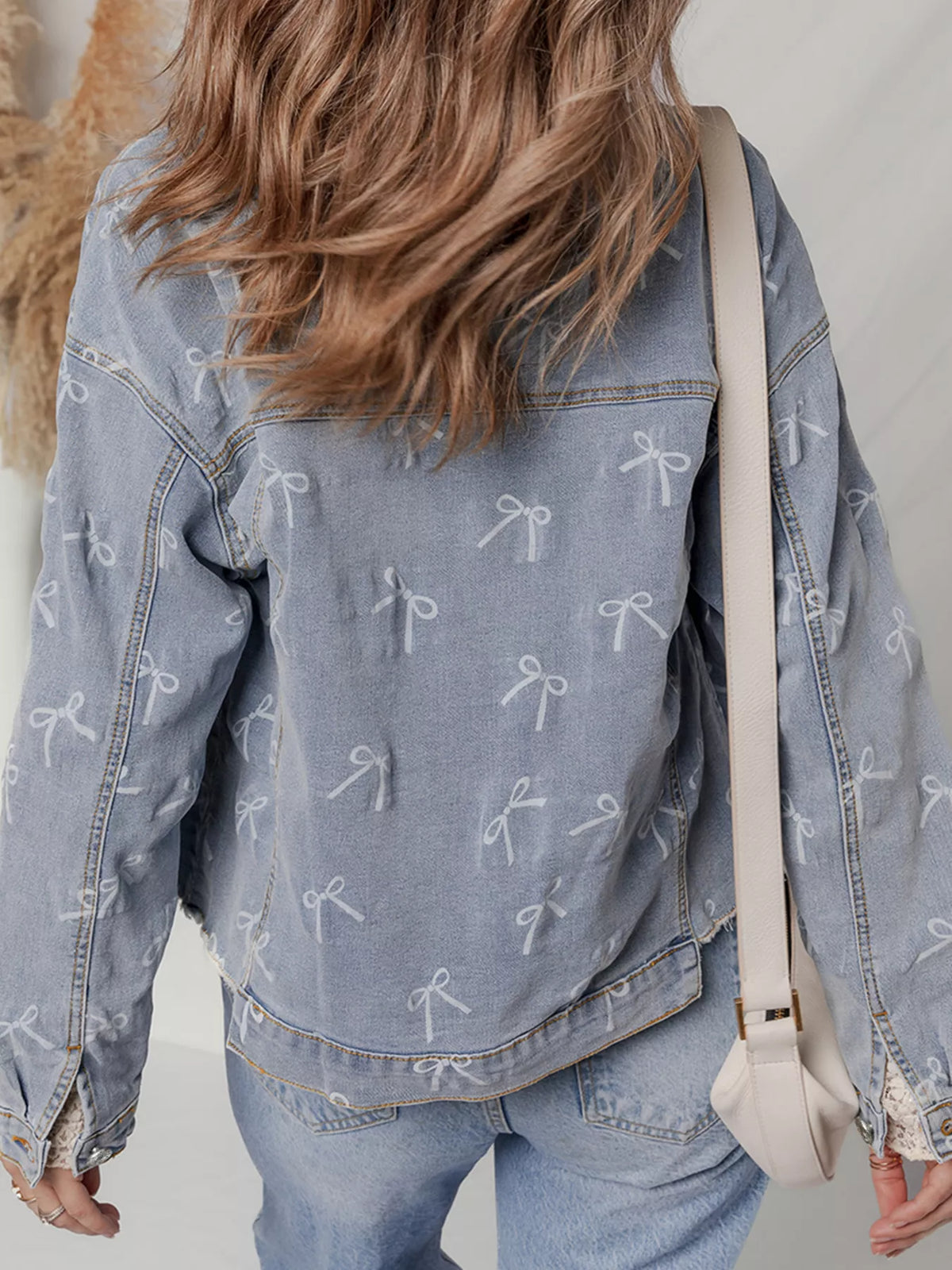 Bow Knot Print Light Wash Raw Hem Denim Jacket in Light Blue, view 2