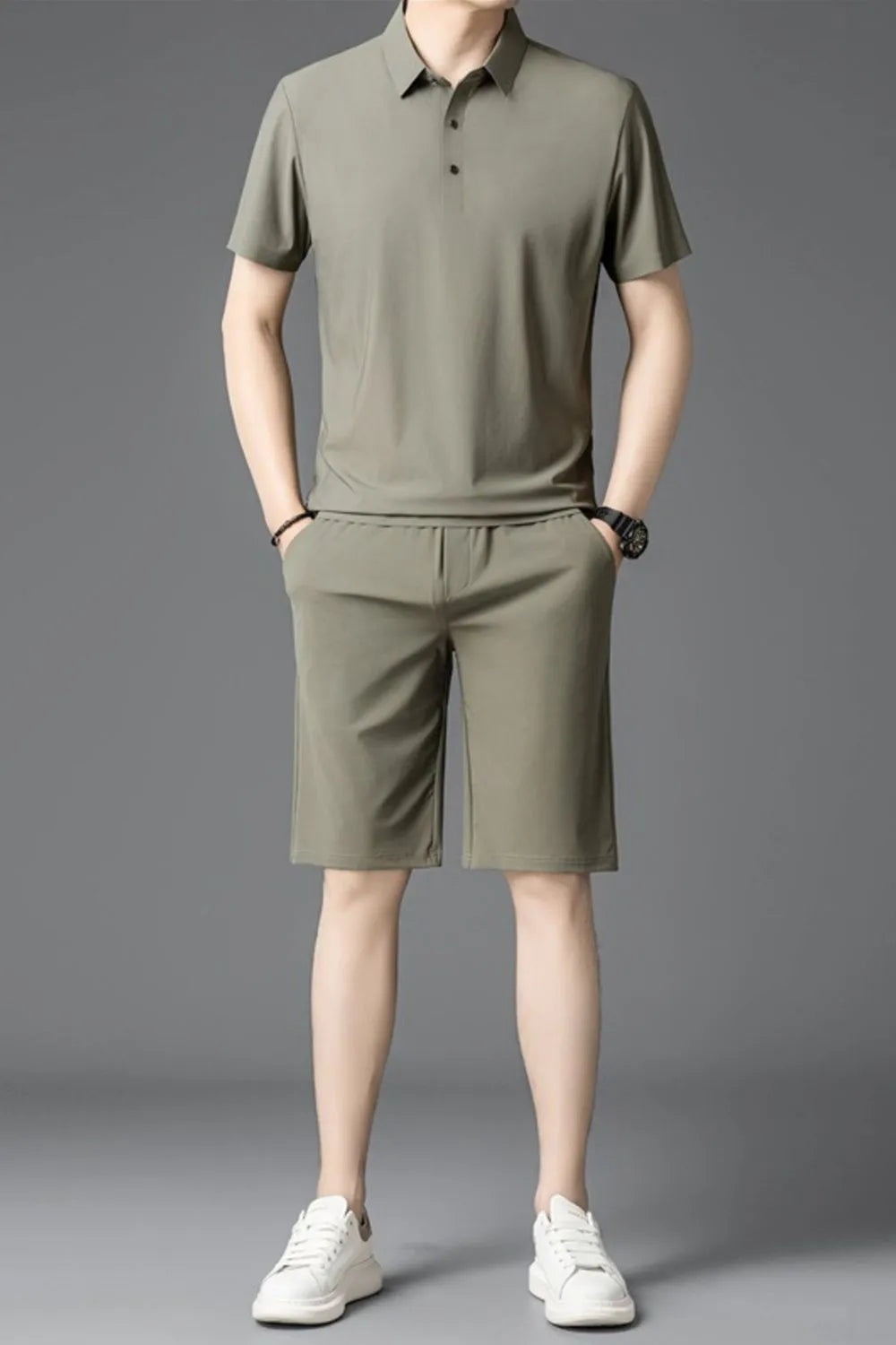 Men's Plus Size Short Sleeve Polo and Shorts Set in Khaki