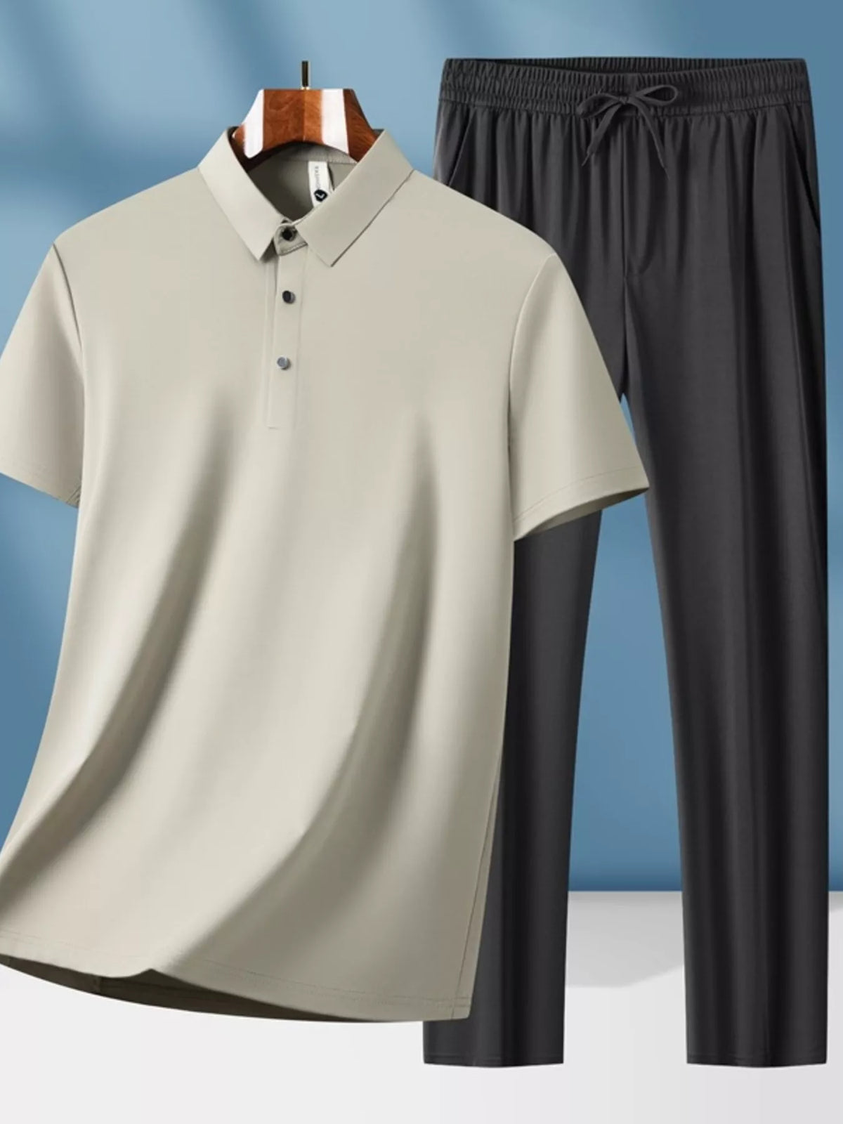 Men's Plus Size Button Detail Short Sleeve Top and Pants Set in Beige