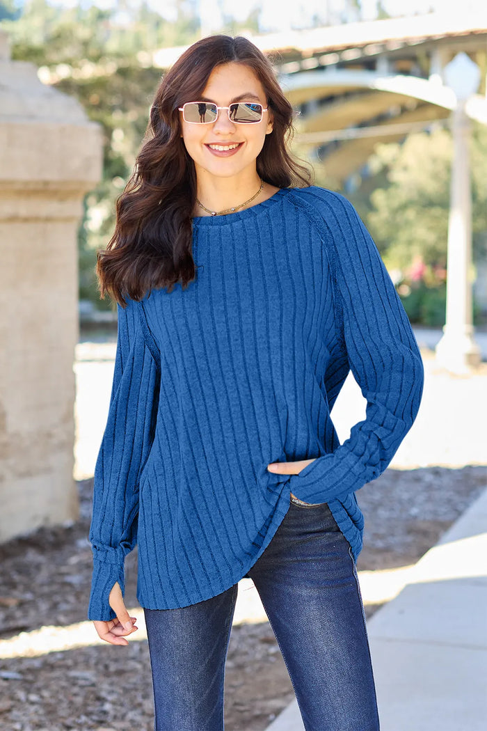 Basic Bae Full Size Ribbed Round Neck Long Sleeve Knit Top - Lilixa.store