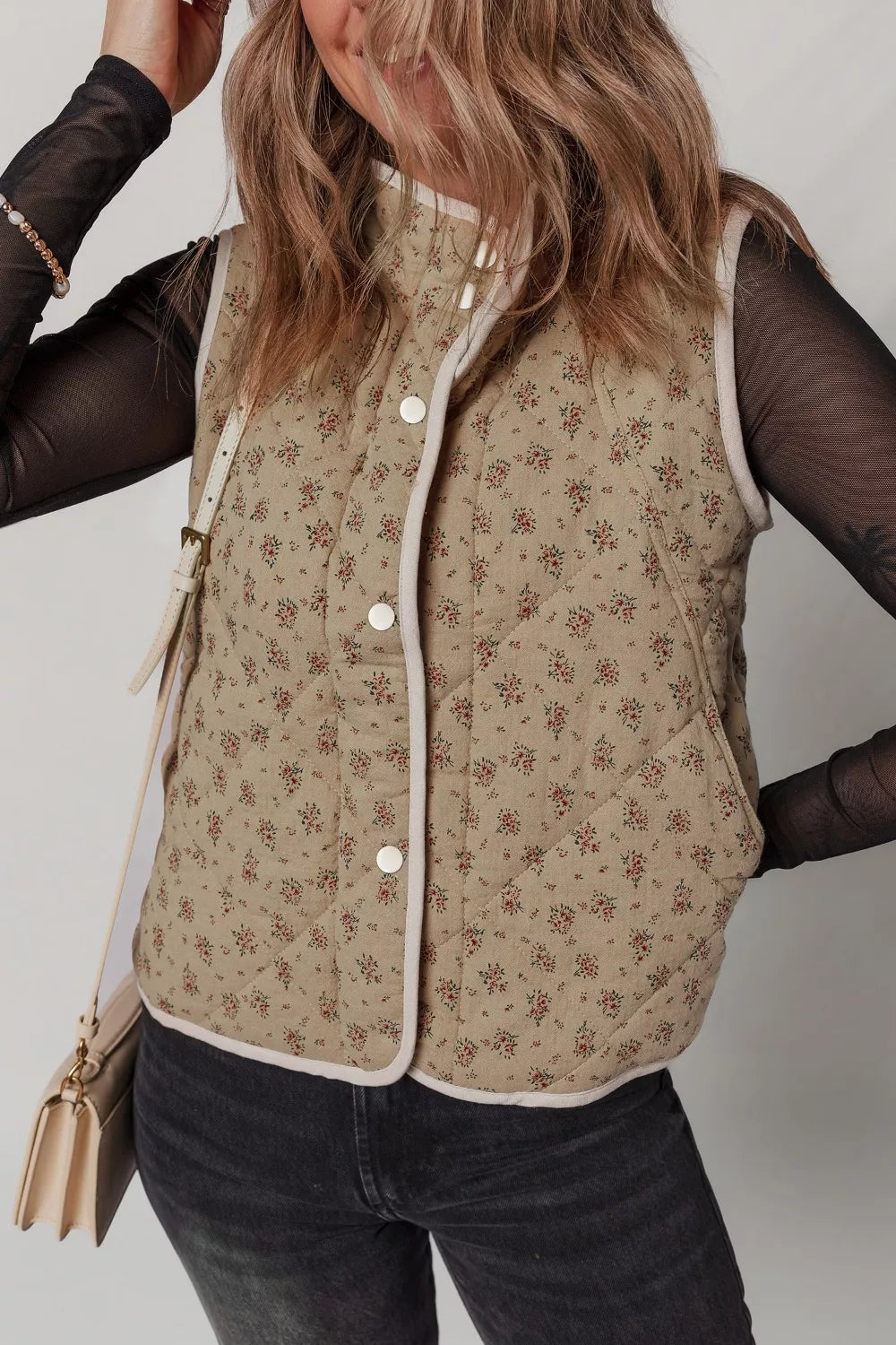 Floral Print Quilted Concealed Button Vest - Lilixa.store