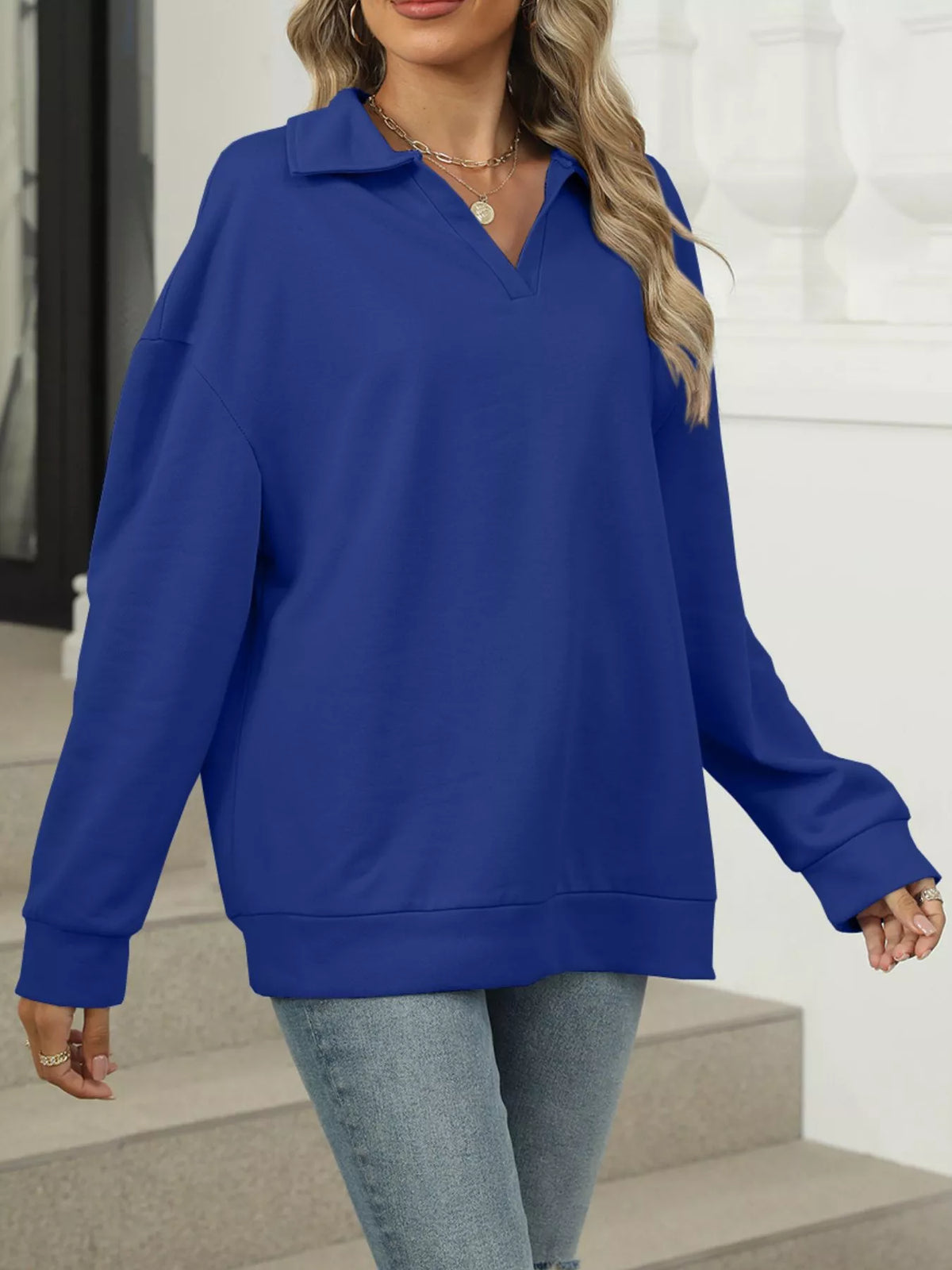 Johnny Collar Drop Shoulder Long Sleeve Sweatshirt - Lilixa.store