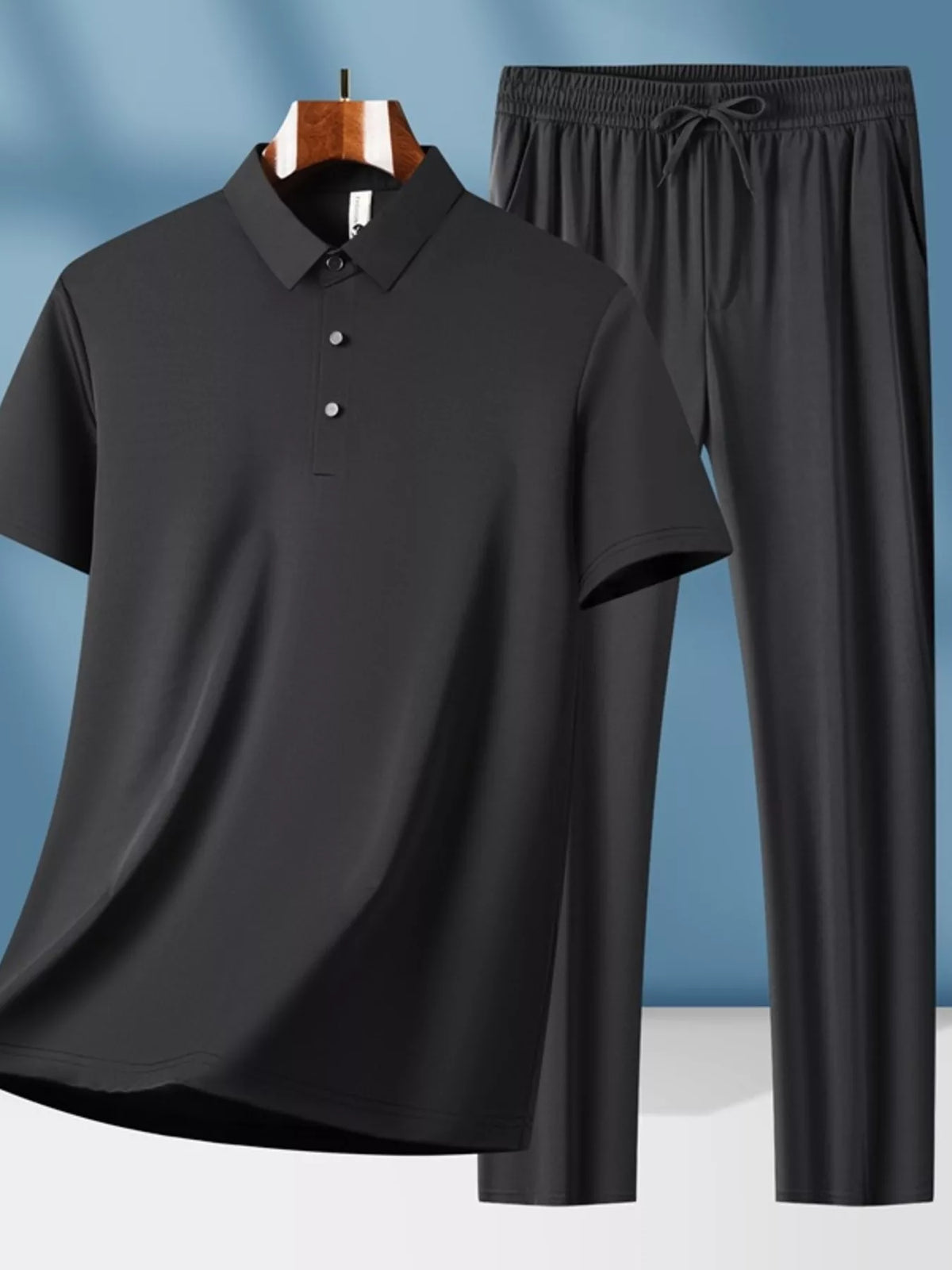 Men's Plus Size Button Detail Short Sleeve Top and Pants Set in Black