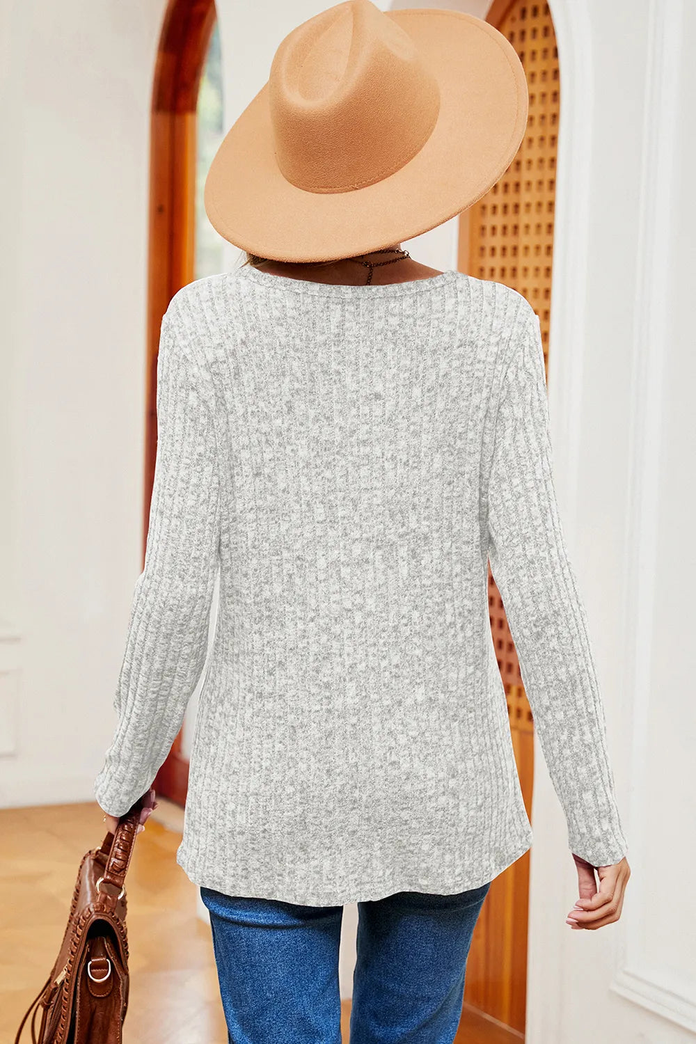 Eyelet Ribbed Round Neck Long Sleeve T-Shirt - Lilixa.store