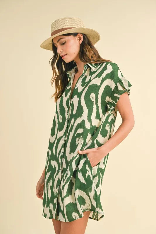 Annie Wear Abstract Printed Frill Sleeve Shirt Mini Dress - Lilixa.store