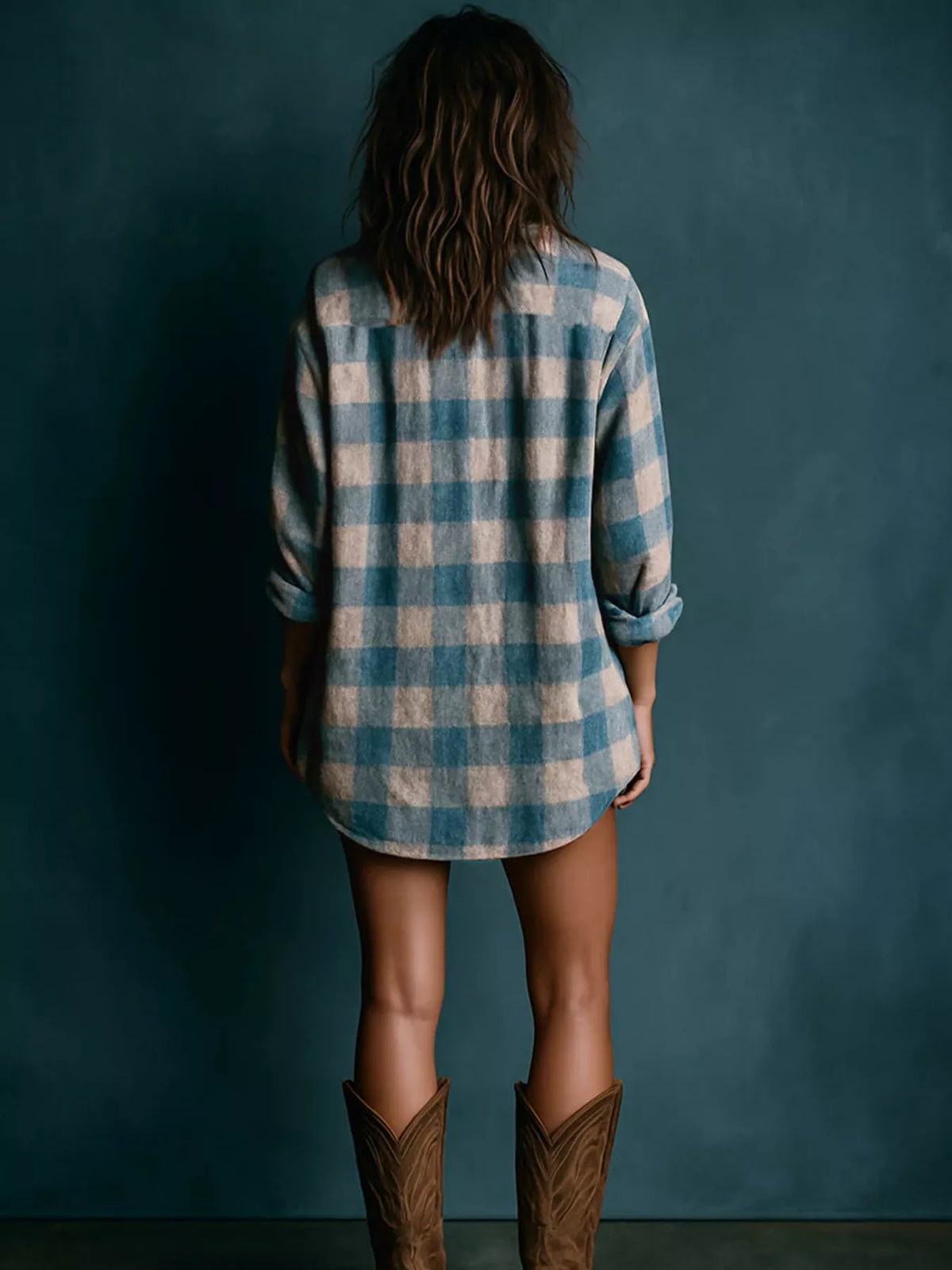 Full Size Oversized Plaid Button-Down Shirt Dress Plus Size in Light Blue, view 2