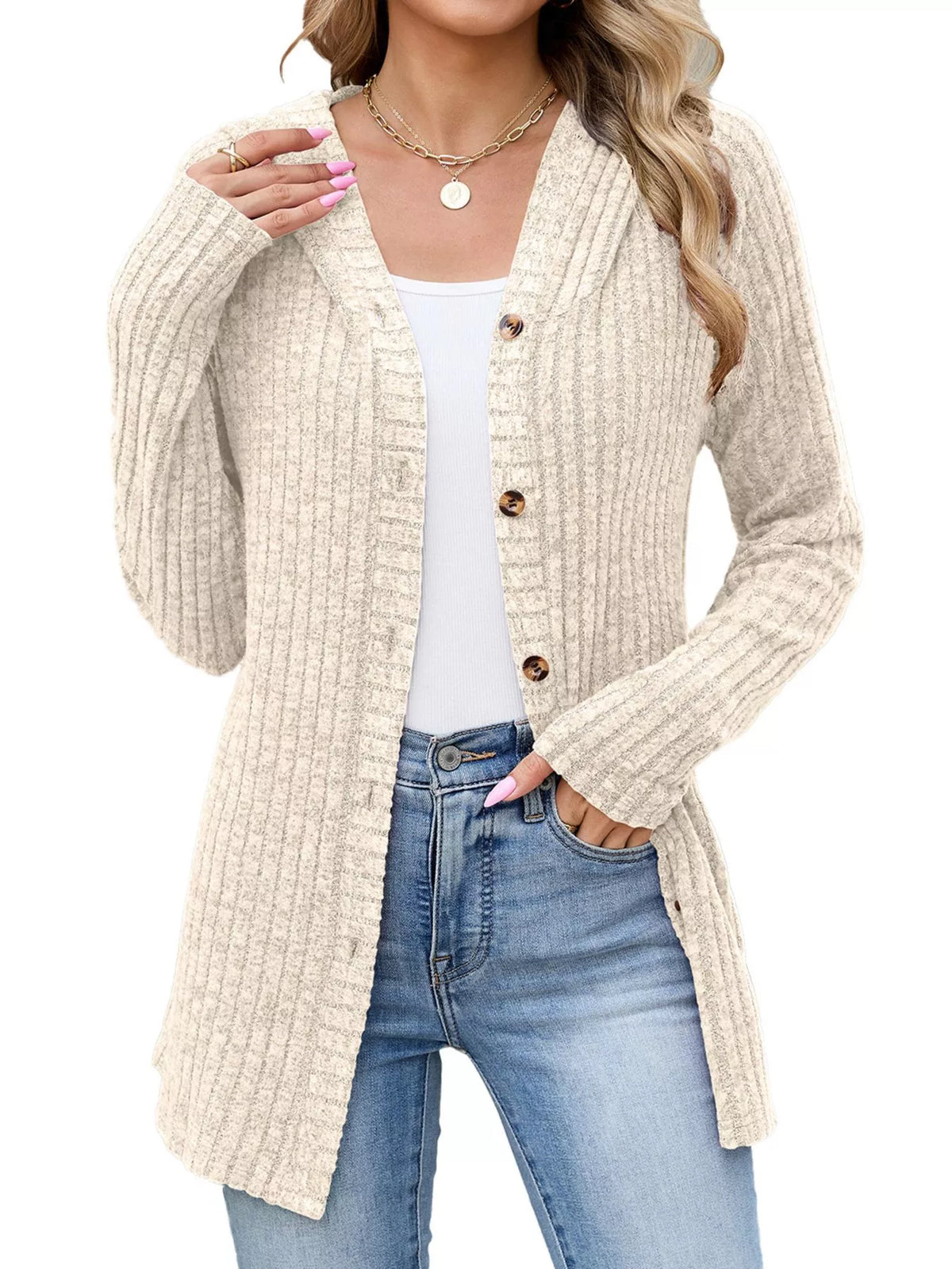 Ribbed Knit Hooded Button-Down Cardigan - Lilixa.store