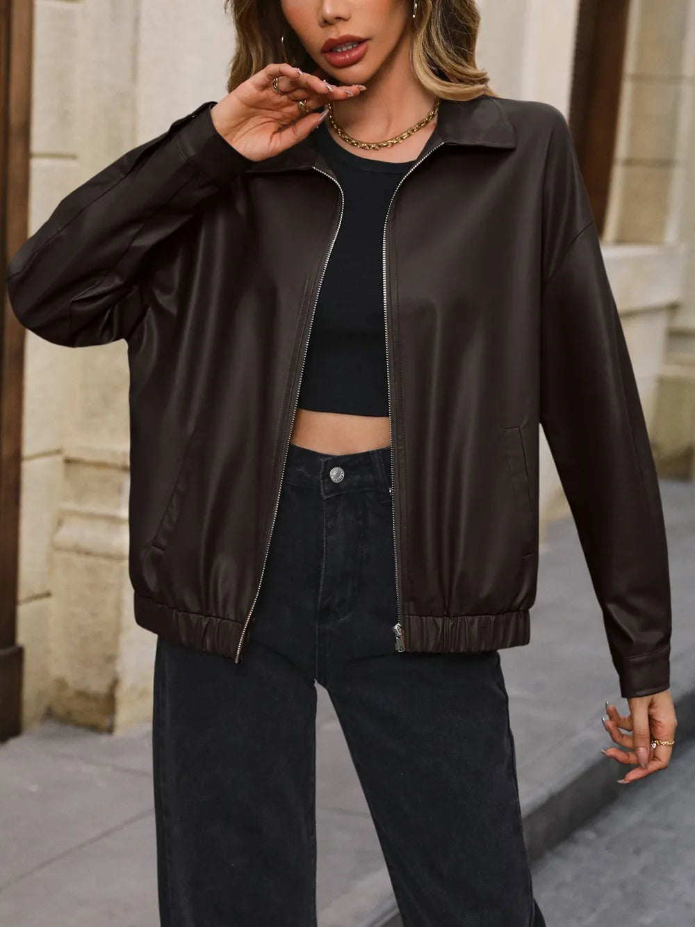 Ivy Lane Pocketed Zip Up Collared Neck Jacket in Chocolate