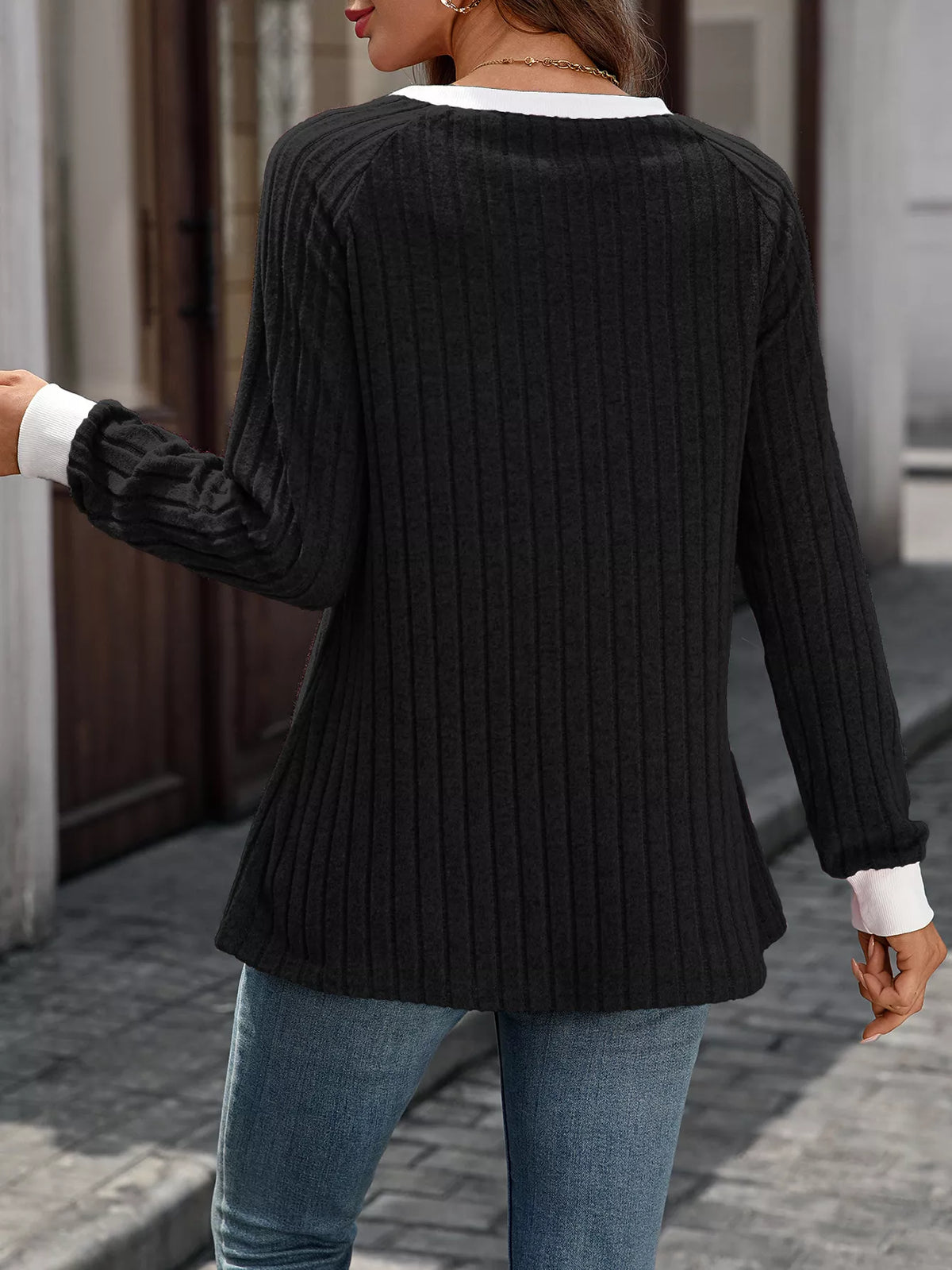 Ribbed Round Neck Raglan Sleeve Knit Top - Lilixa.store