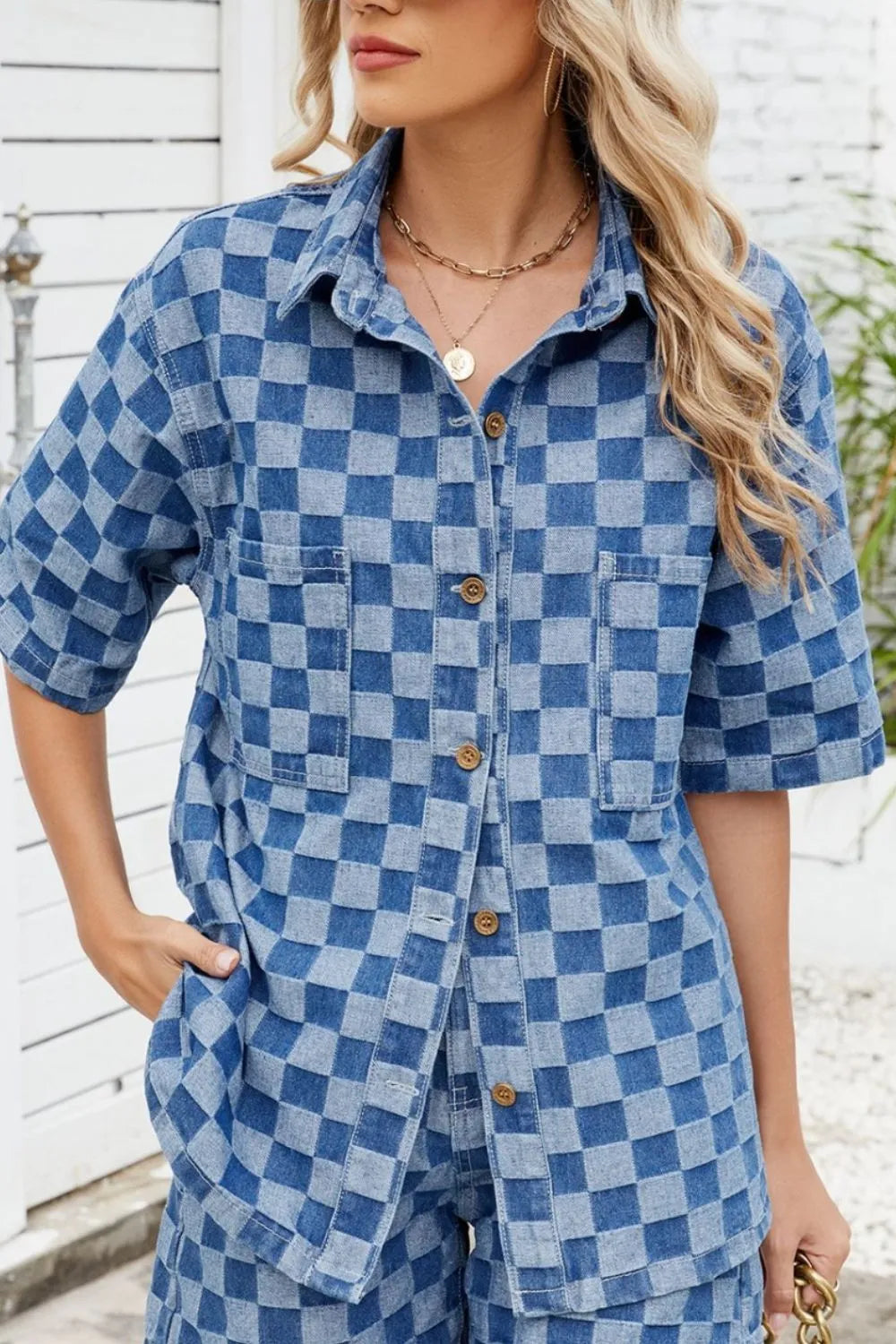 Button Down Checkered Denim Shirt - Lilixa.store