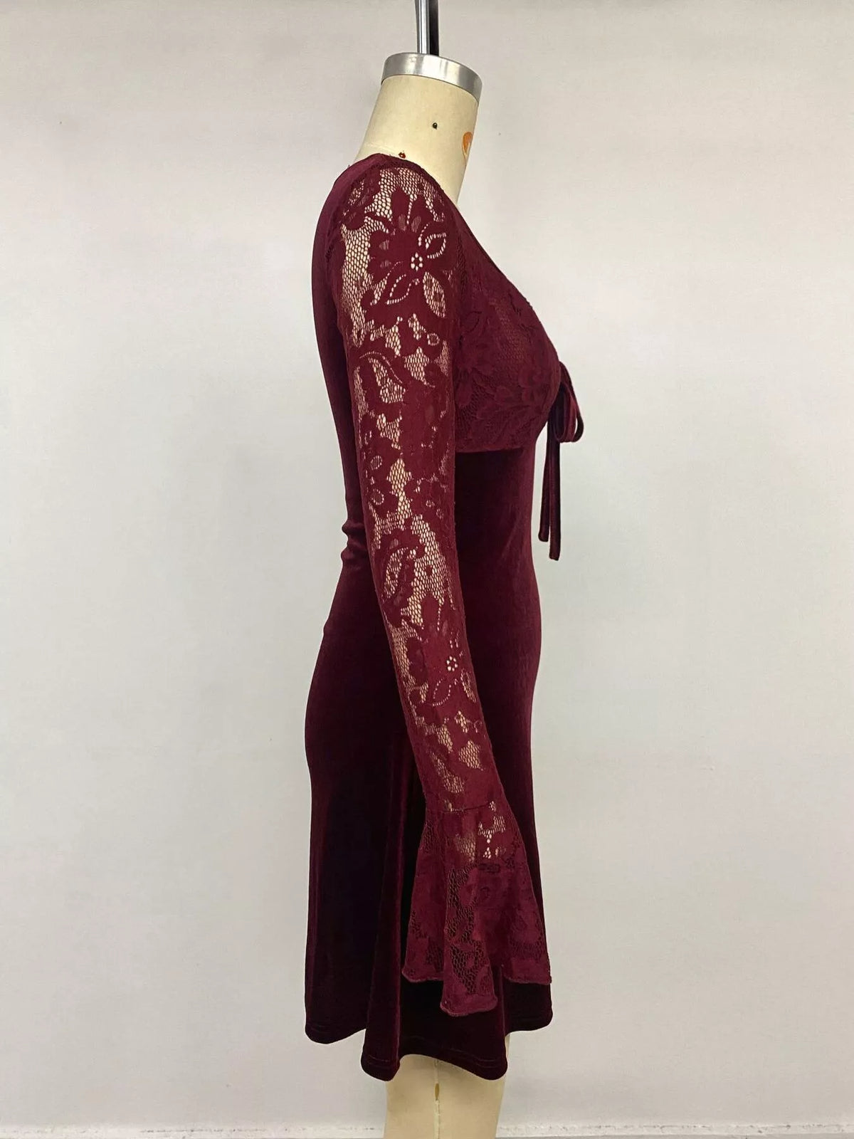 Lace Flare Sleeve Mini Dress in Burgundy, view 8