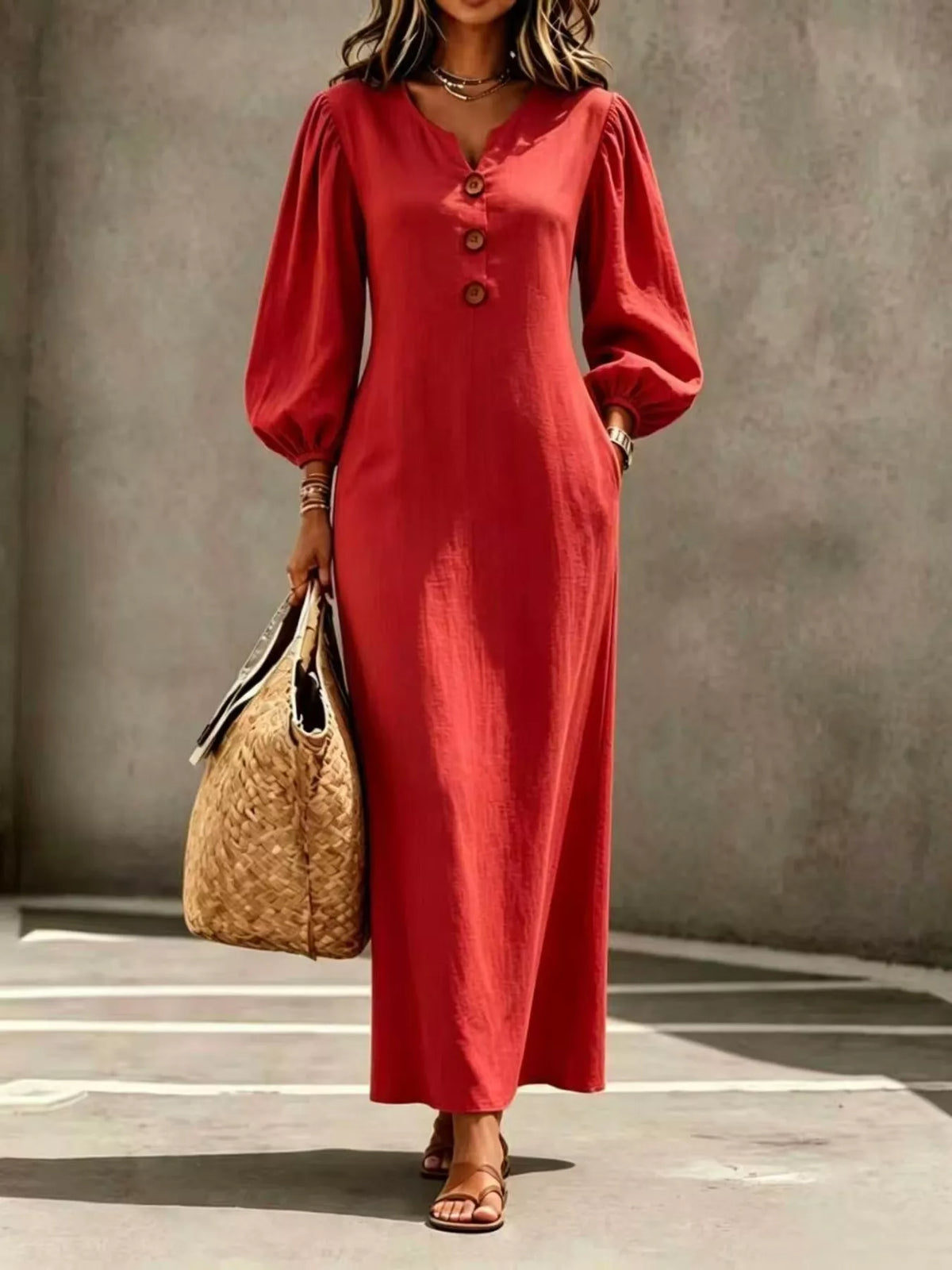 Decorative Button Balloon Sleeve Maxi Dress - Lilixa.store