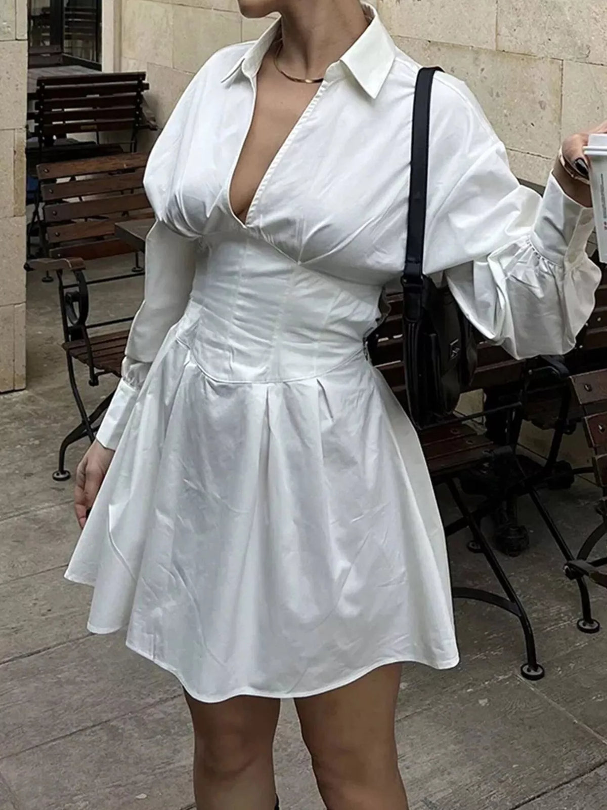 Collared Neck Lantern Sleeve Mini Dress