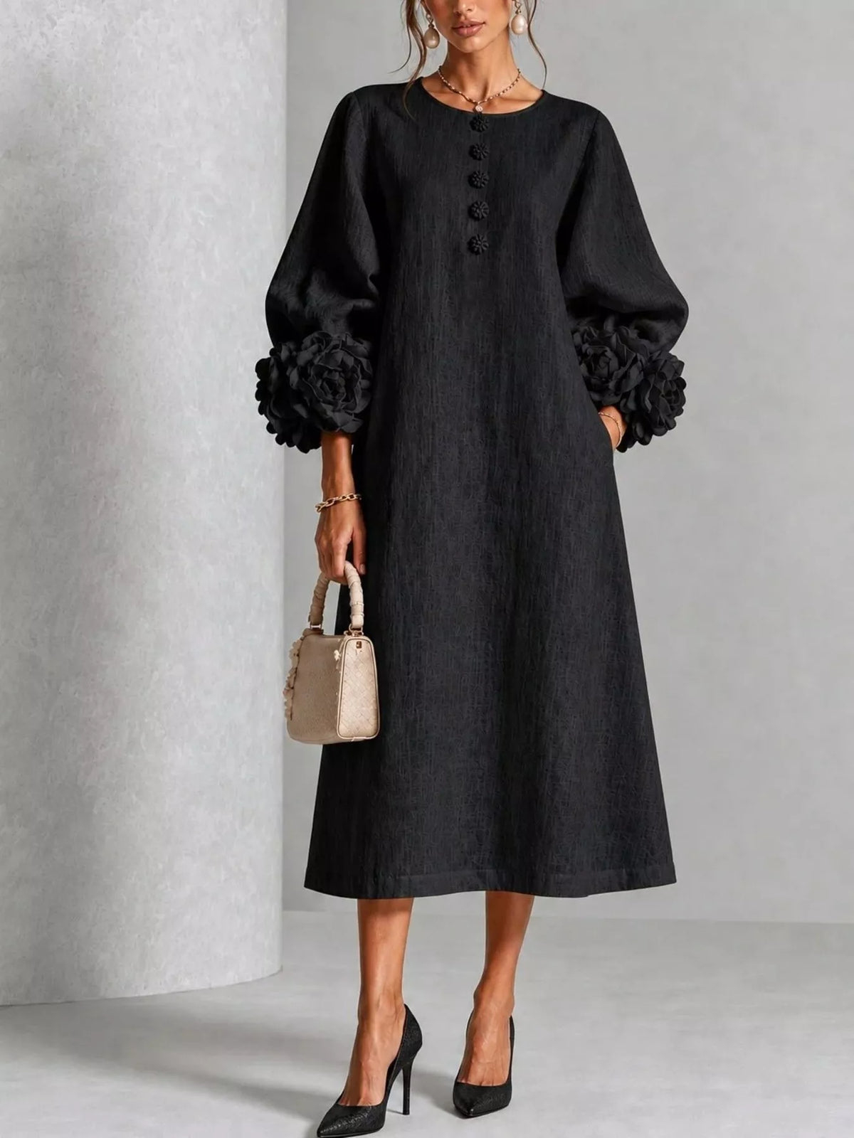 3D Floral Round Neck Midi Dress