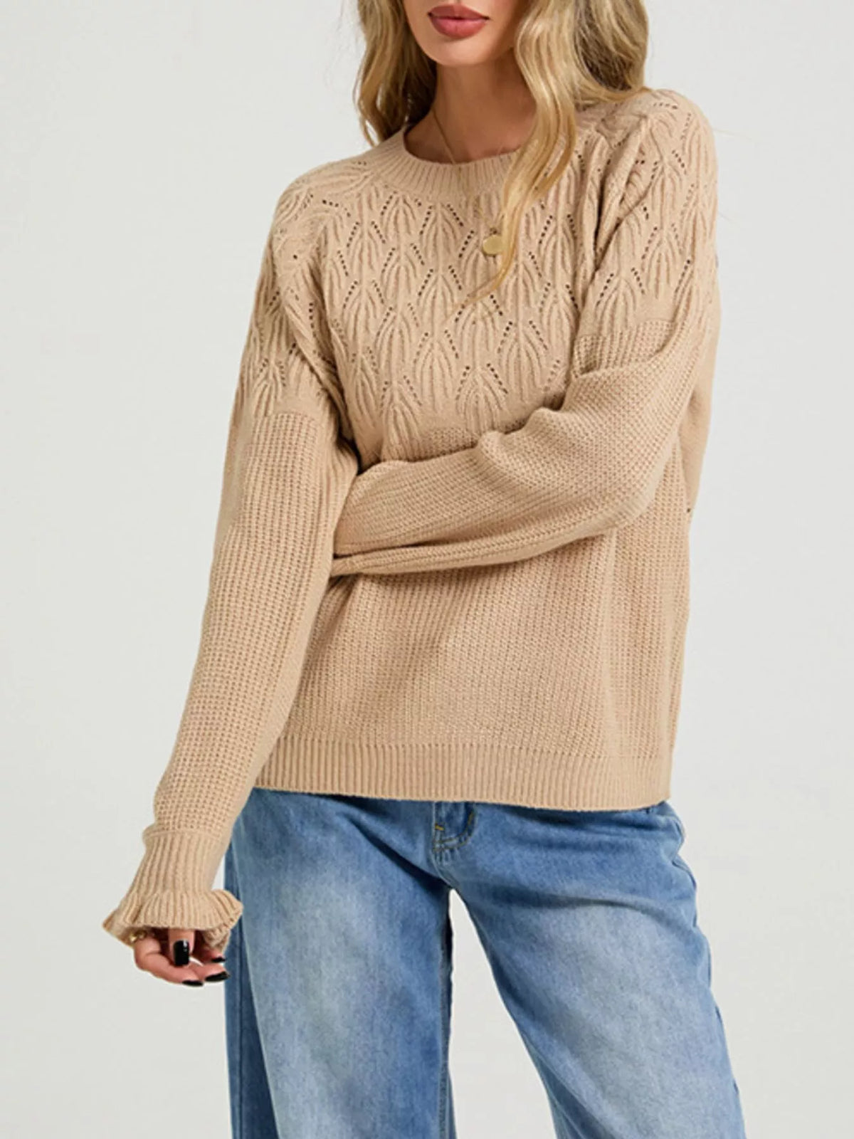 Pointelle Knit Round Neck Sweater