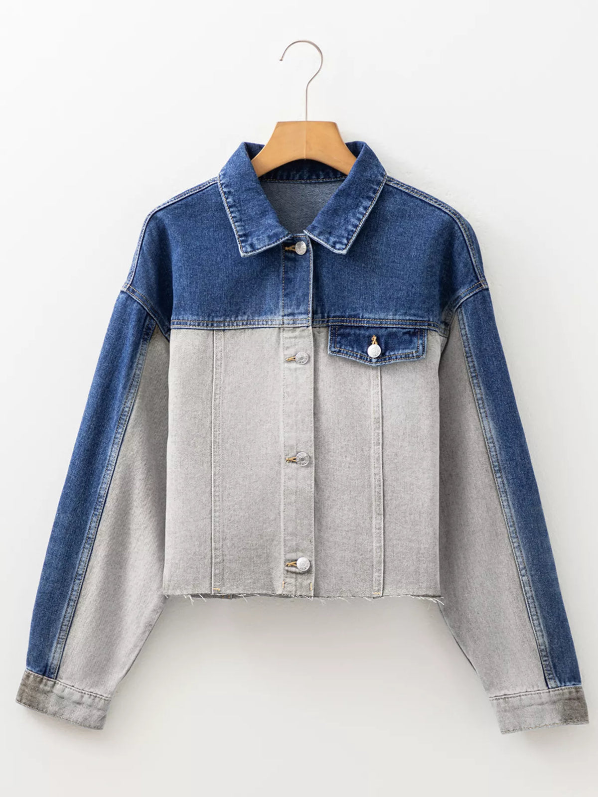 Color Block Patchwork Raw Hem Denim Jacket in Light Gray, view 7