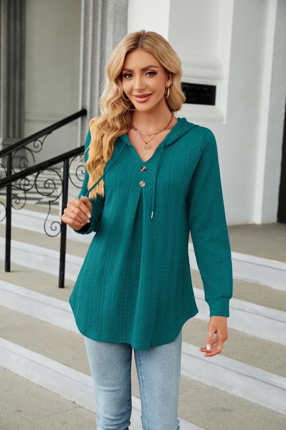 Long Sleeve Hooded Blouse in Teal