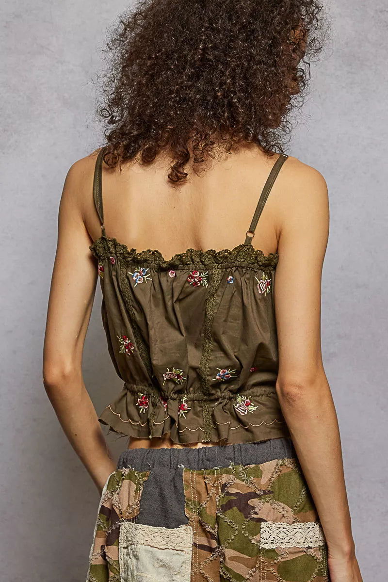 POL Button Down Floral Embroidered Cropped Cami with Lace Detail - Lilixa.store