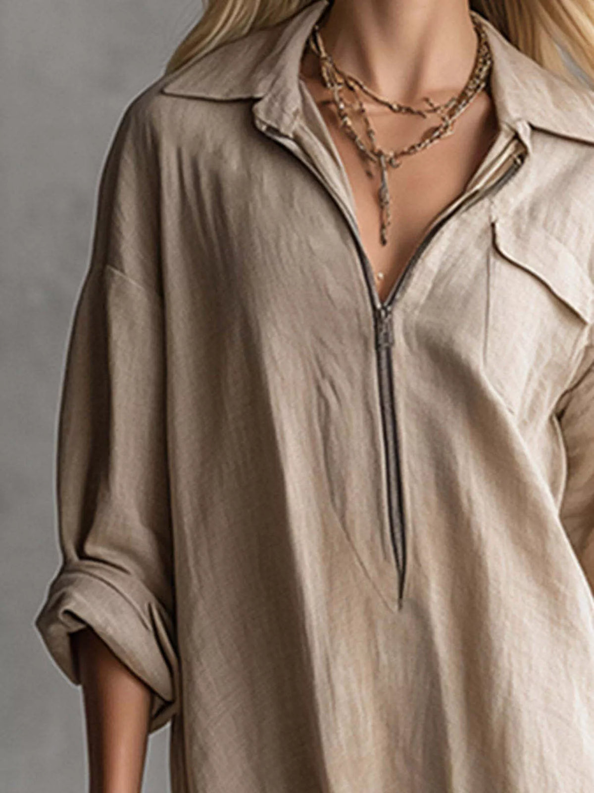 Zipper-Front Fringe Hem Midi Dress